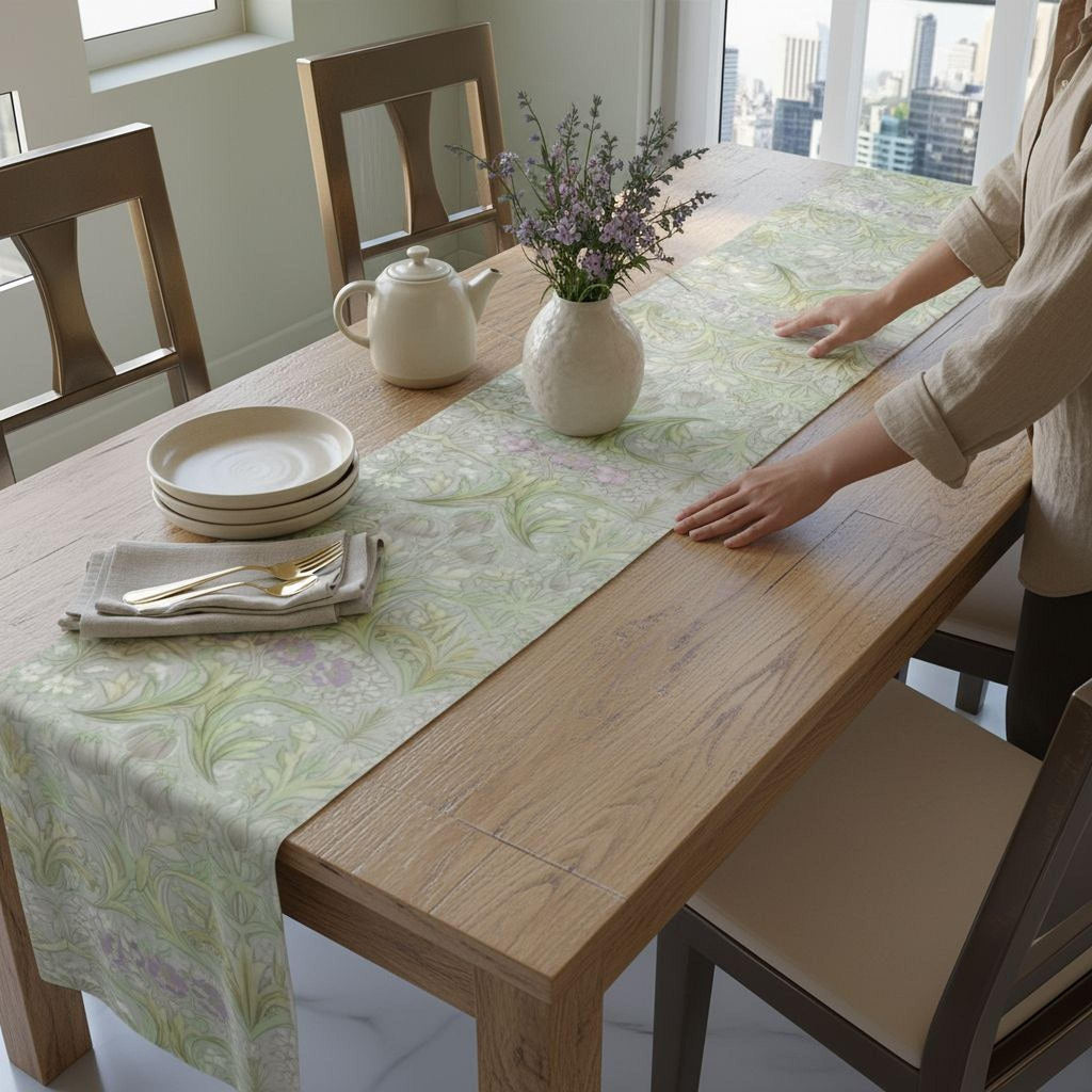 William Morris inspired Table Runner: Soft Sage Botanical with Muted Lavender