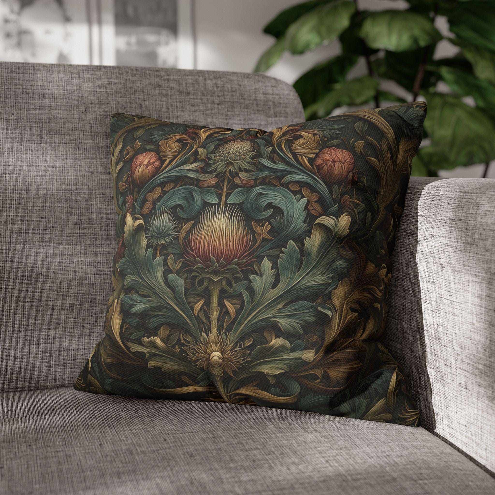 Midnight Morris Pillow Cover: Arts and Crafts Moody Blooms for Autumn