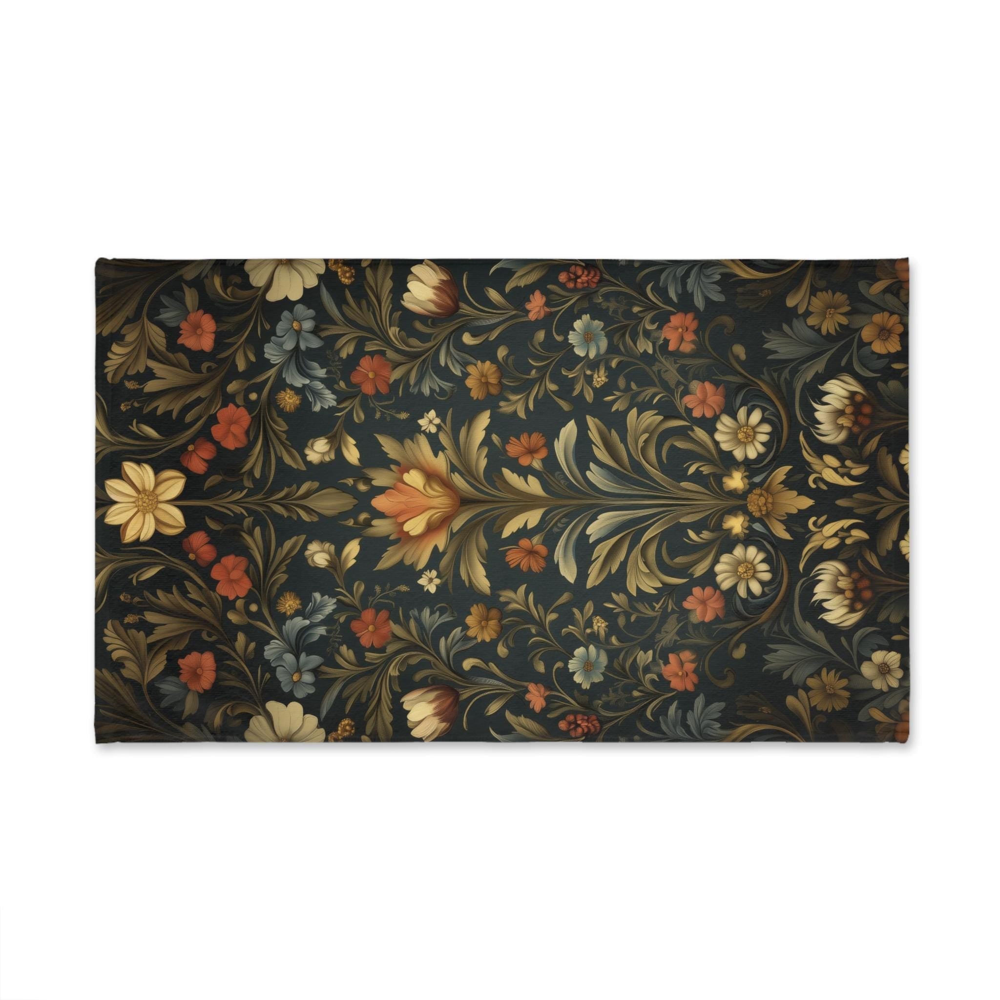 Vintage-Inspired William Morris Botanical Hand Towel: Autumn Floral Tapestry on Dark Background