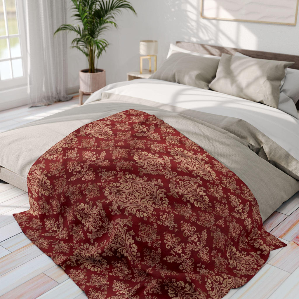 Red & Pale Gold Damask Fleece Throw: Elegant Opulent Bedding