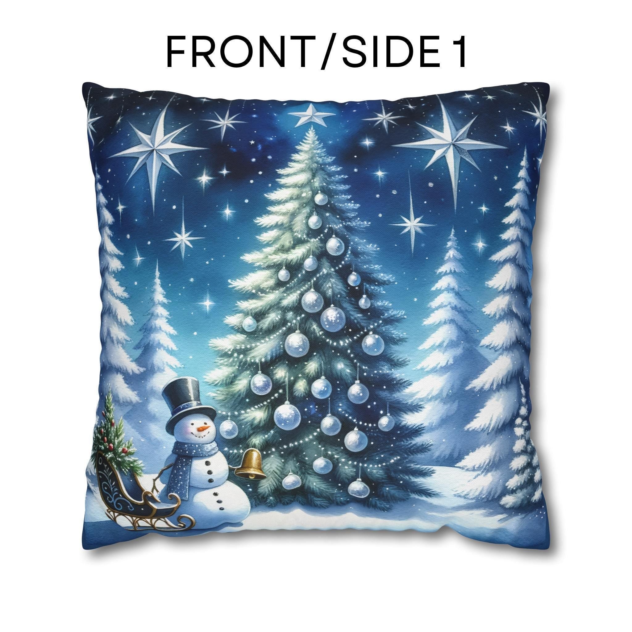 Serene Watercolor Style Christmas Pillow Cover: Snowman & Tree Winter Decor