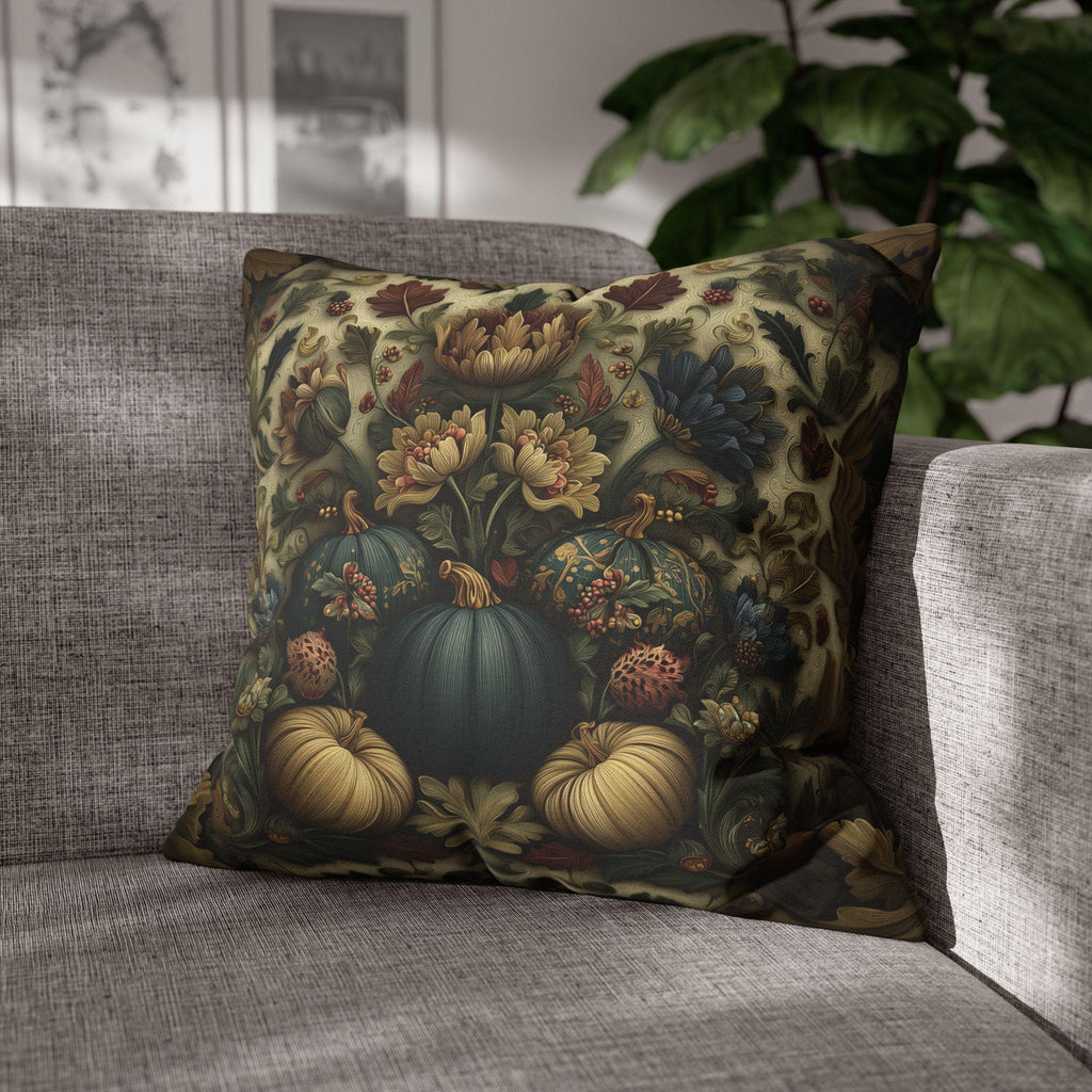 William Morris Inspired Autumn Pillow Cover: Blue Gold & Ivory Botanical Harvest Design