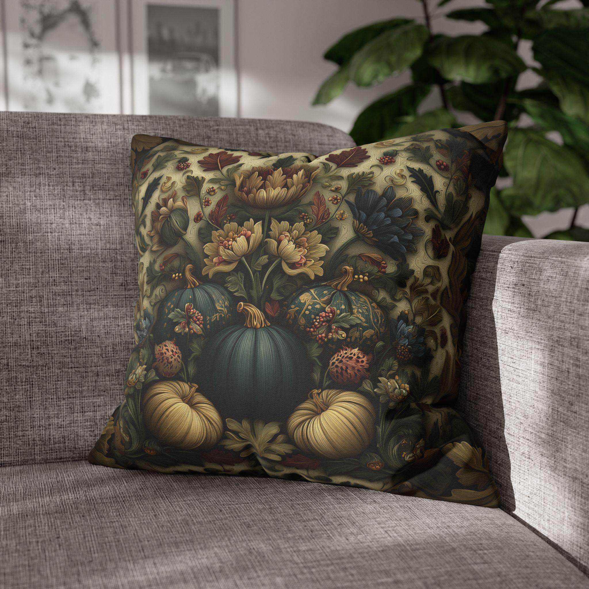 William Morris Inspired Autumn Pillow Cover: Blue Gold & Ivory Botanical Harvest Design