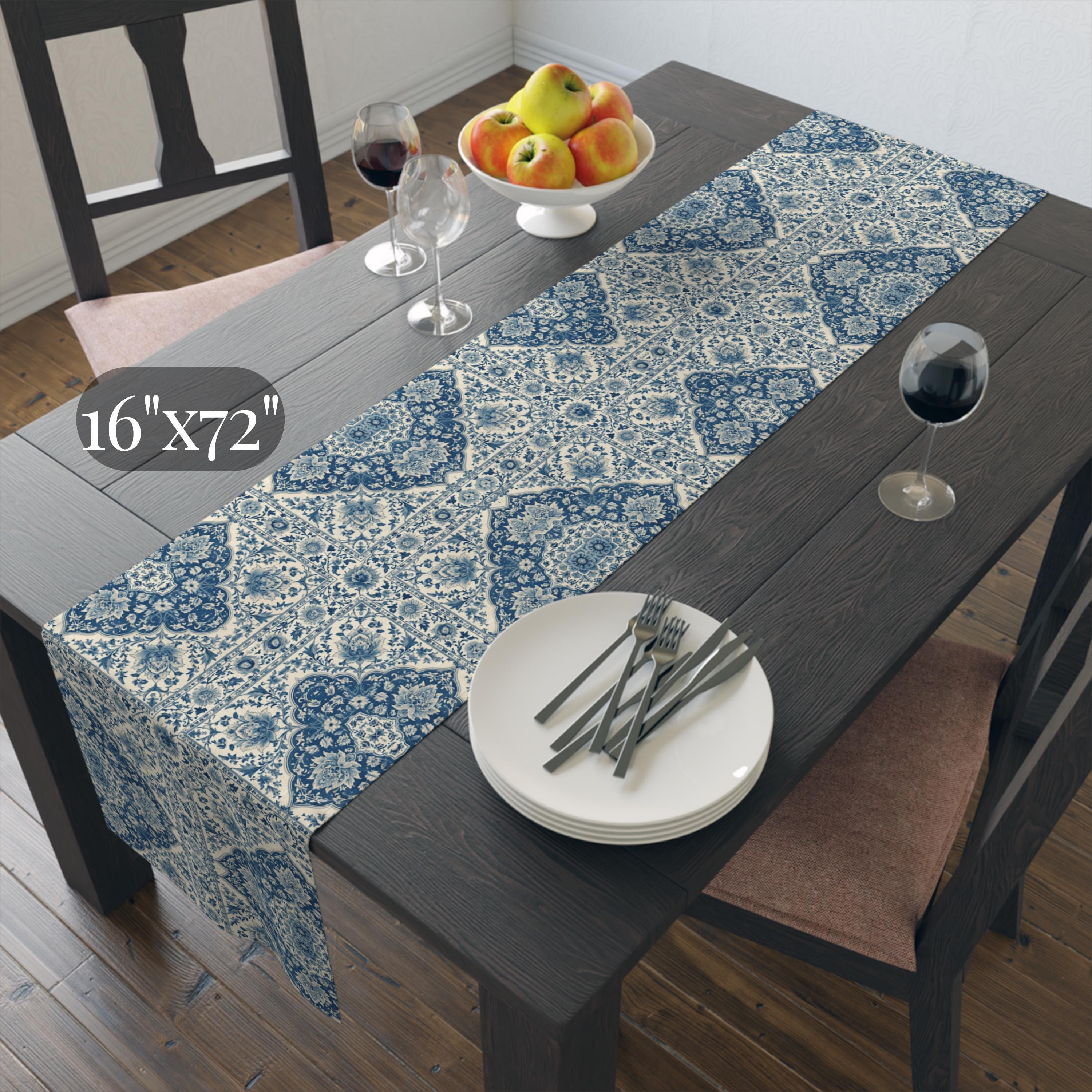 Toile Table Runner: Blue and Cream Botanical Dining Decor