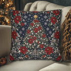 William Morris Christmas Pillow Cover: Navy Blue Poinsettia, Silver Snowflake Vintage Style Holiday