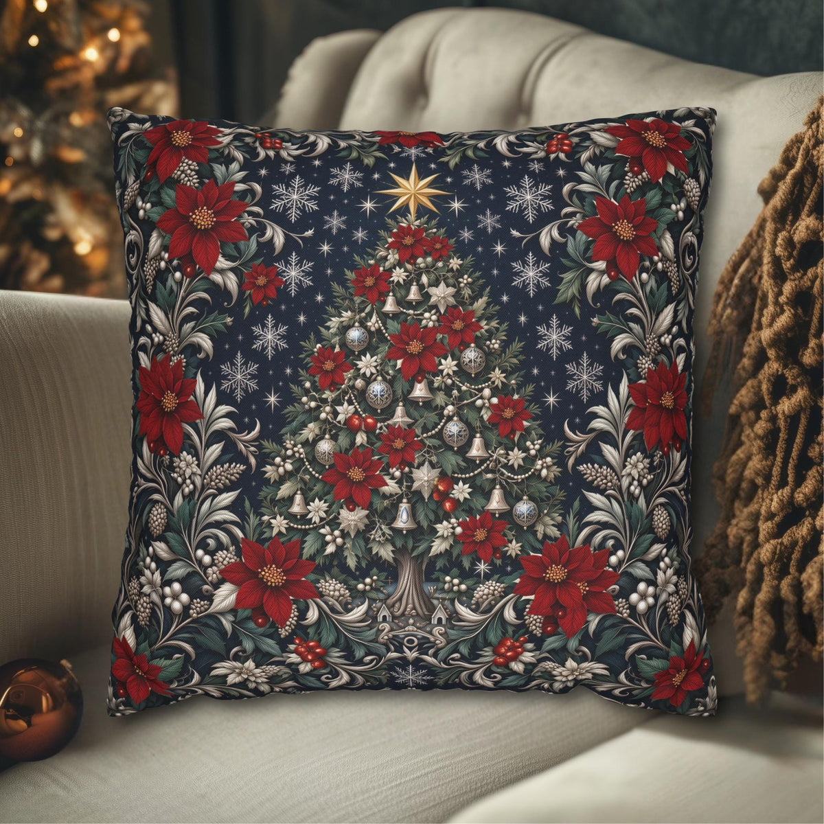 William Morris Christmas Pillow Cover: Navy Blue Poinsettia, Silver Snowflake Vintage Style Holiday