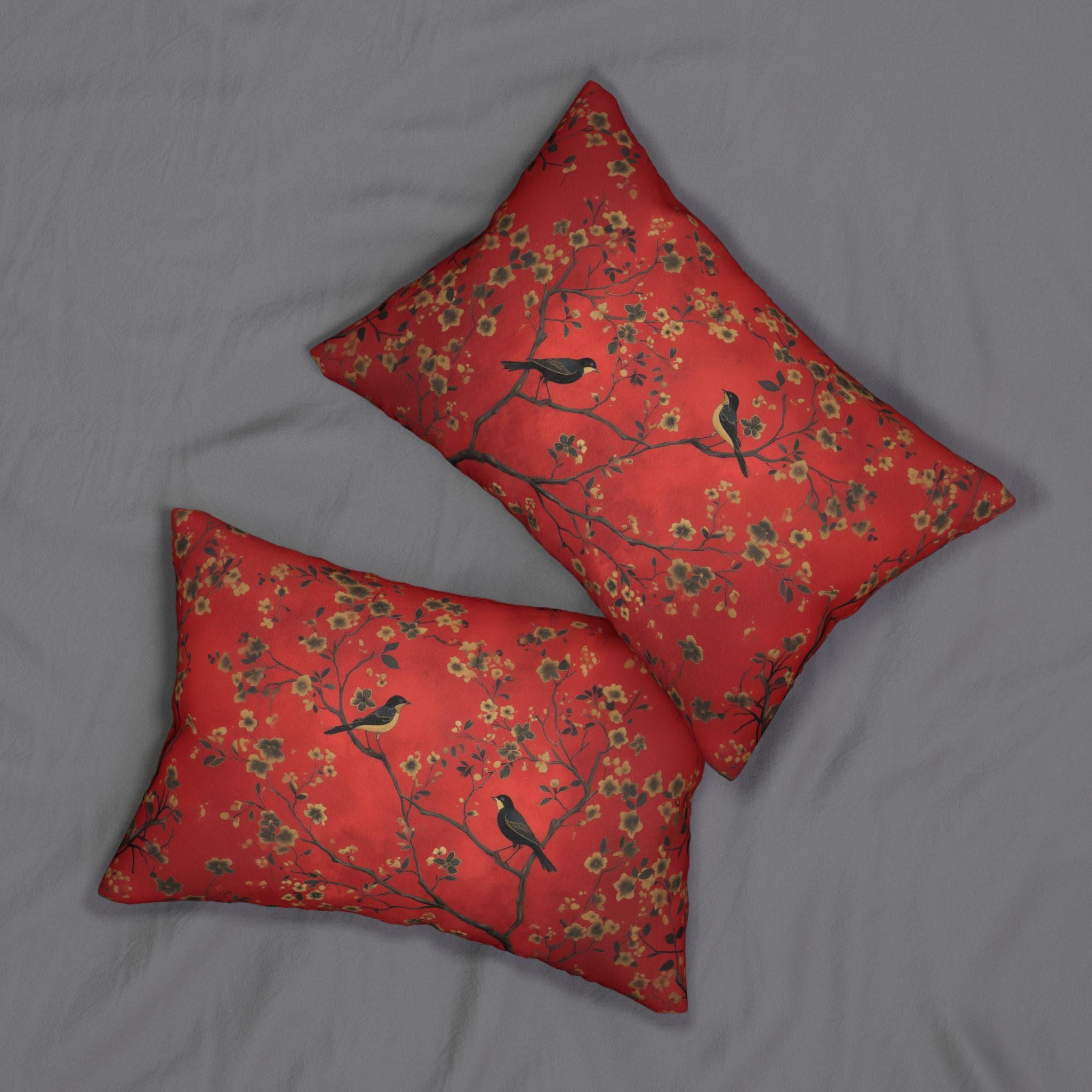 Elegant Chinoiserie Bird Lumbar Pillow: Vintage-Inspired Crimson, Black & Gold Floral Cushion Cover