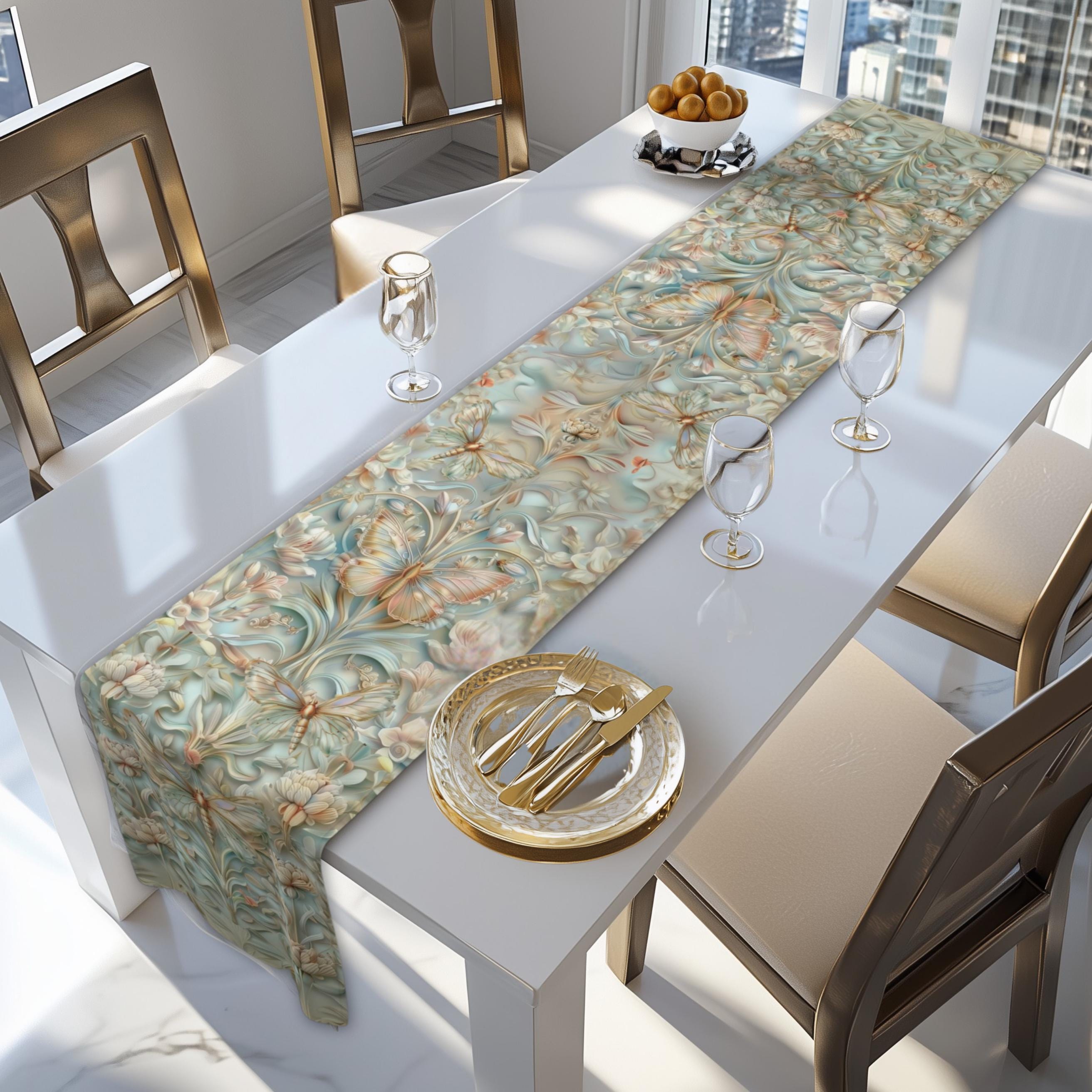 William Morris Table Runner: Celadon Aqua Pastel Floral Butterfly Design