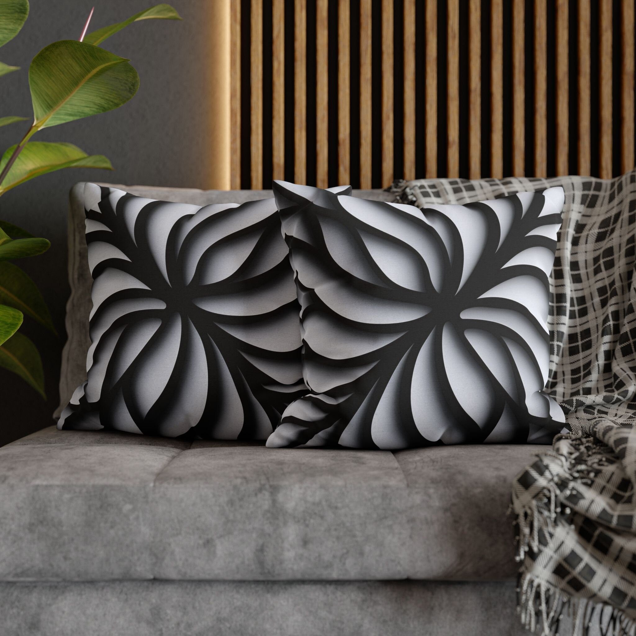 Abstract Floral Pillow Cover, Black and White Geometric Cushion