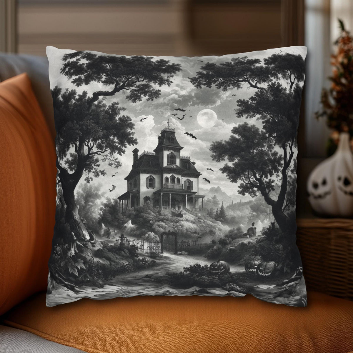 Halloween Toile Pillow Cover: Black and Cream Quietly Spooky Decor