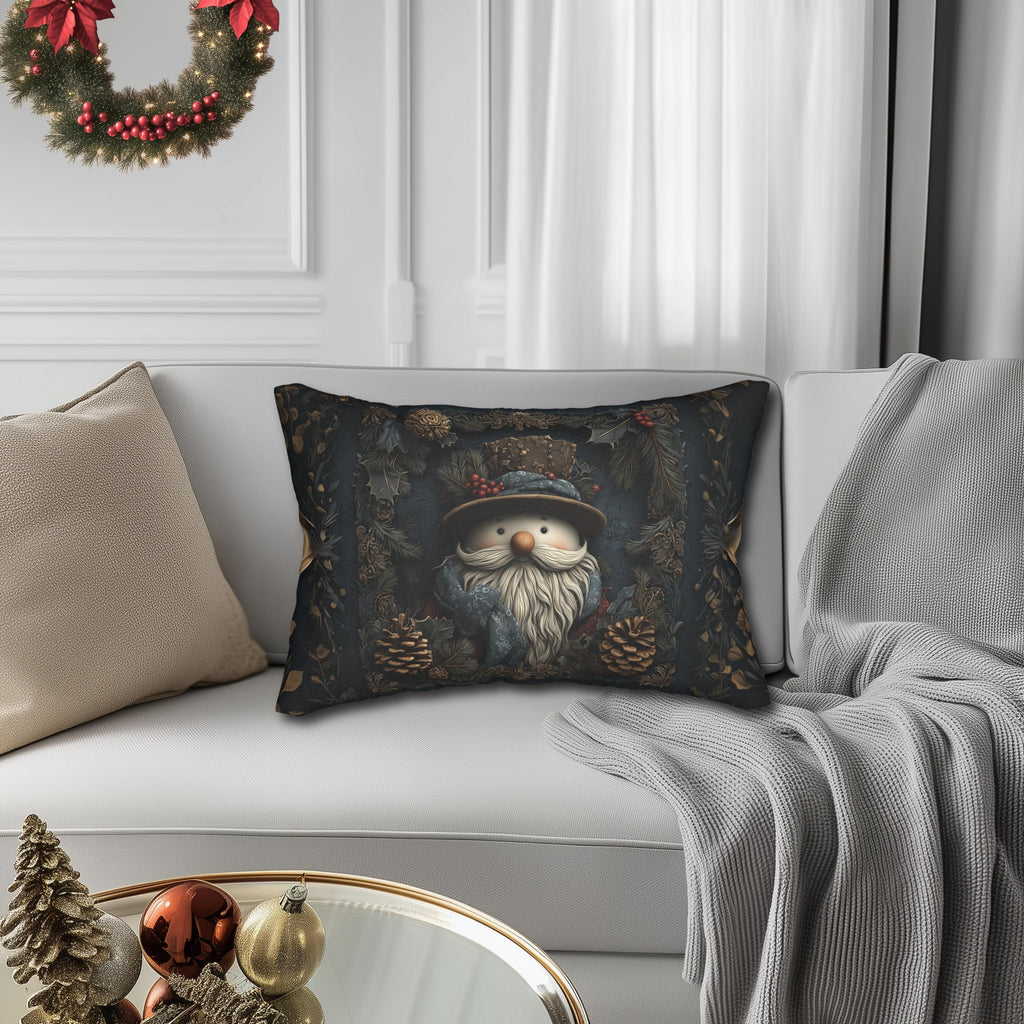 William Morris Inspired Christmas Lumbar Pillow: Rustic Santa Snowman Woodland Pine & Holly Illustration
