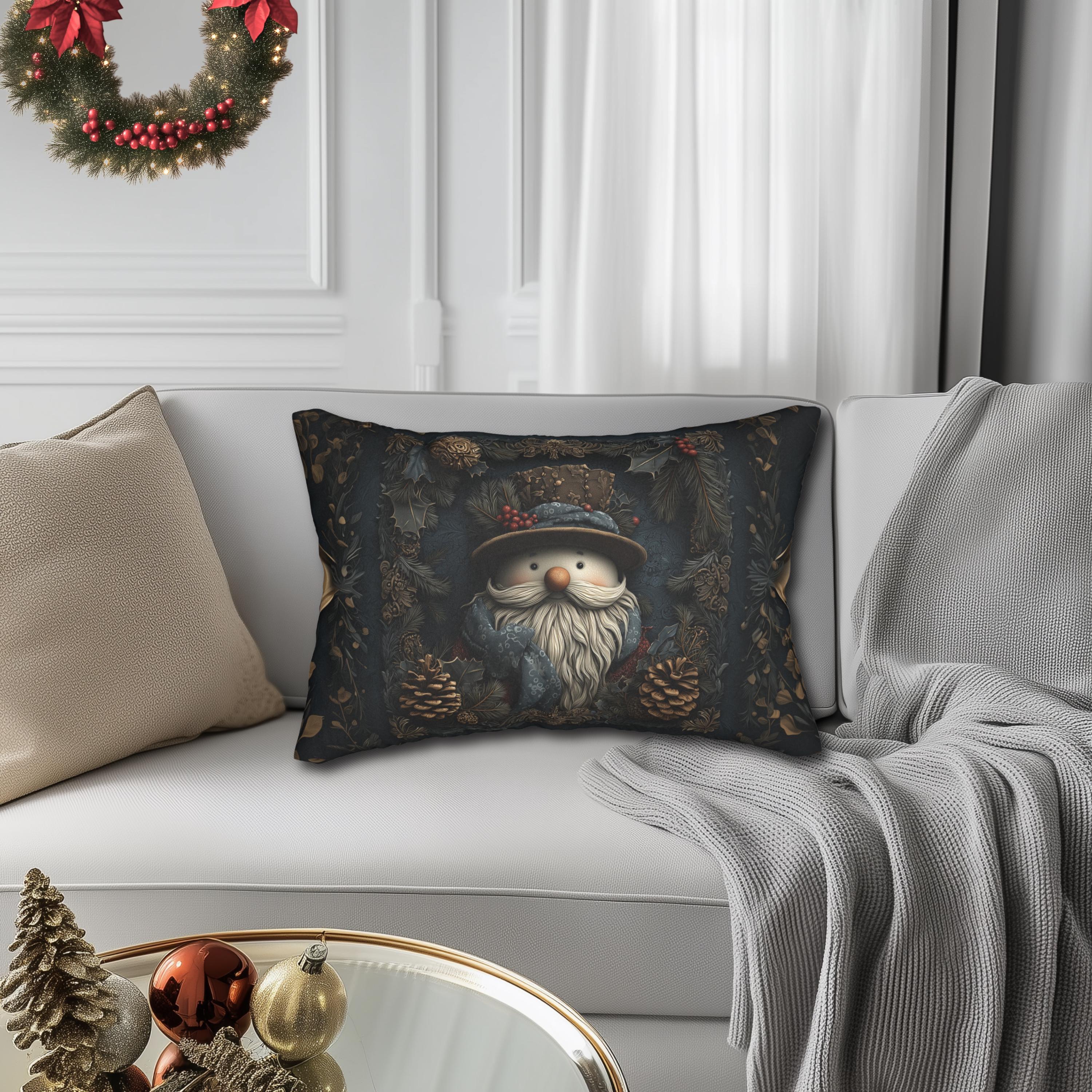 William Morris Inspired Christmas Lumbar Pillow: Rustic Santa Snowman Woodland Pine & Holly Illustration