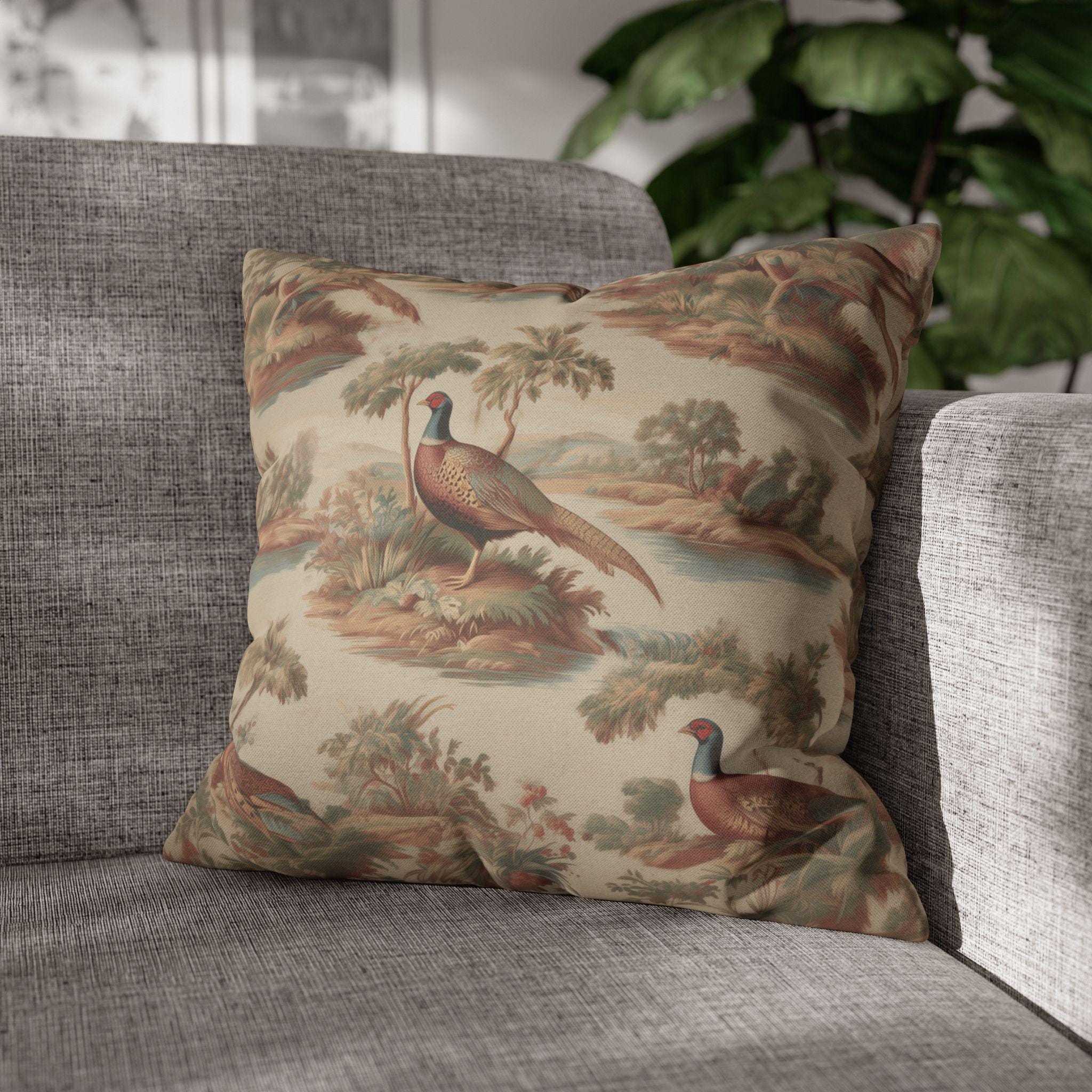 French Toile Pheasant Pillow Cover: Vintage Style Country Bird Scene