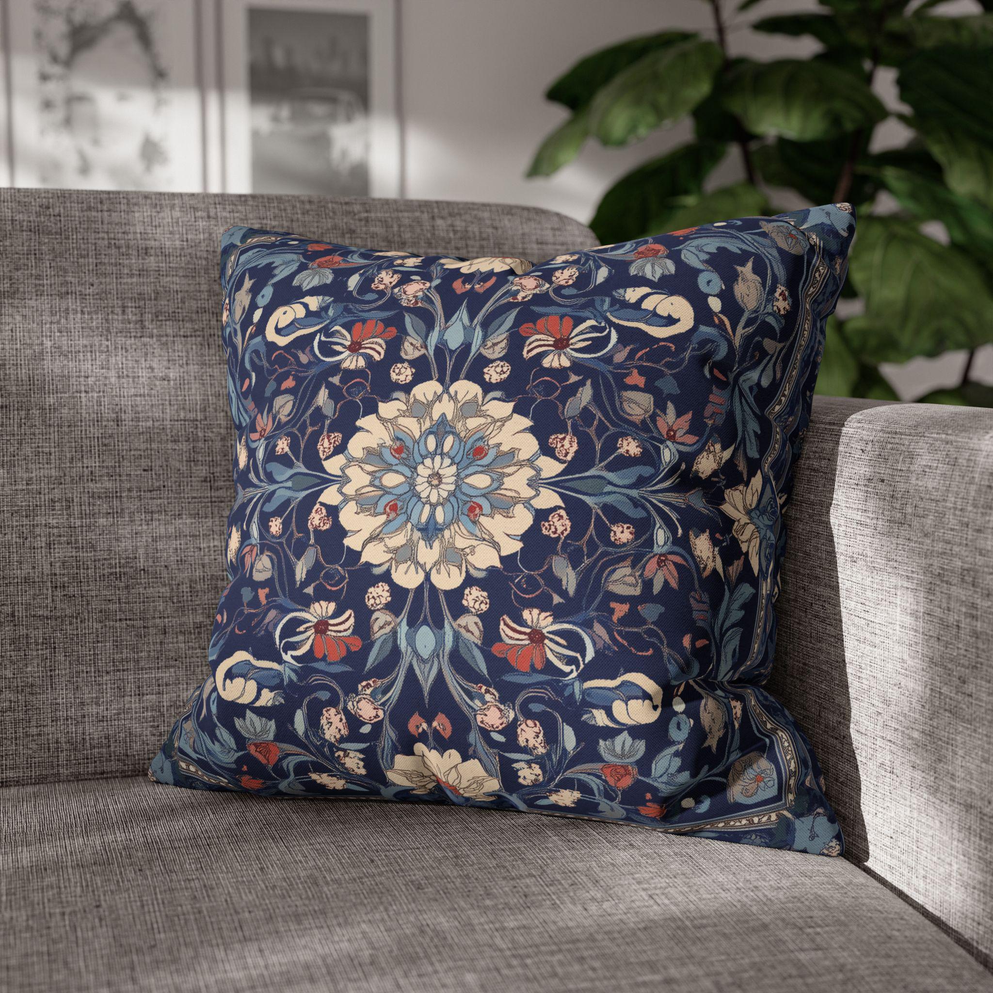 Elegant Navy Blue Floral Medallion Pillowcase: William Morris Inspired Persian Tribal Motifs Decorative Cover