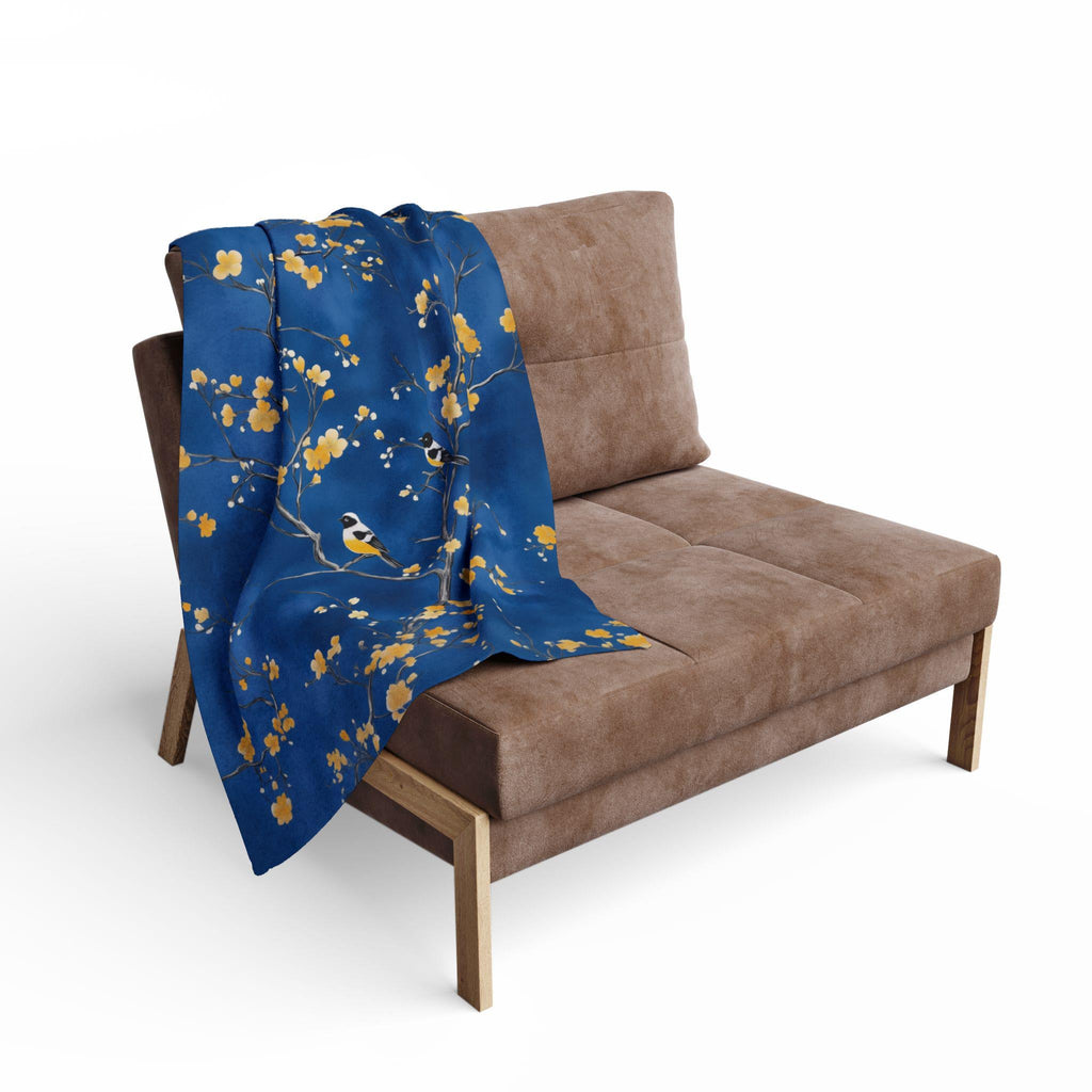 Royal Blue Chinoiserie Throw Blanket: Elegant, Asian-Inspired with Yellow Blossoms and Birds