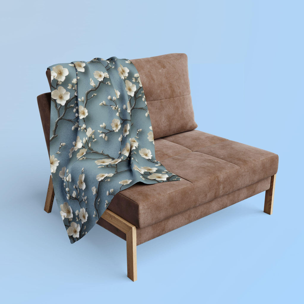 Chinoiserie Fleece Throw: Blue-Teal Gradient with Cream Cherry Blossom Design - Cozy Home Accent