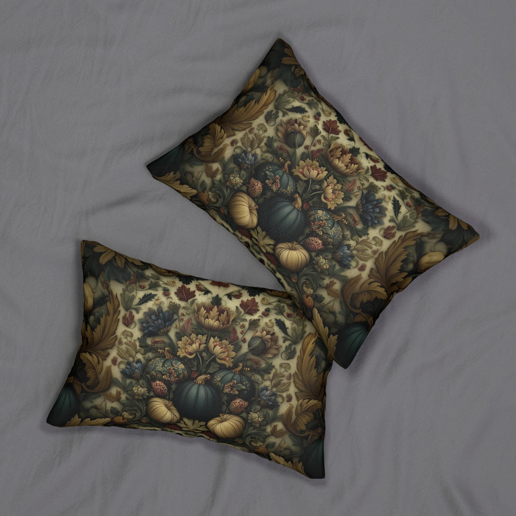 William Morris Inspired Autumn Lumbar Pillow: Blue Gold & Ivory Botanical Harvest Design