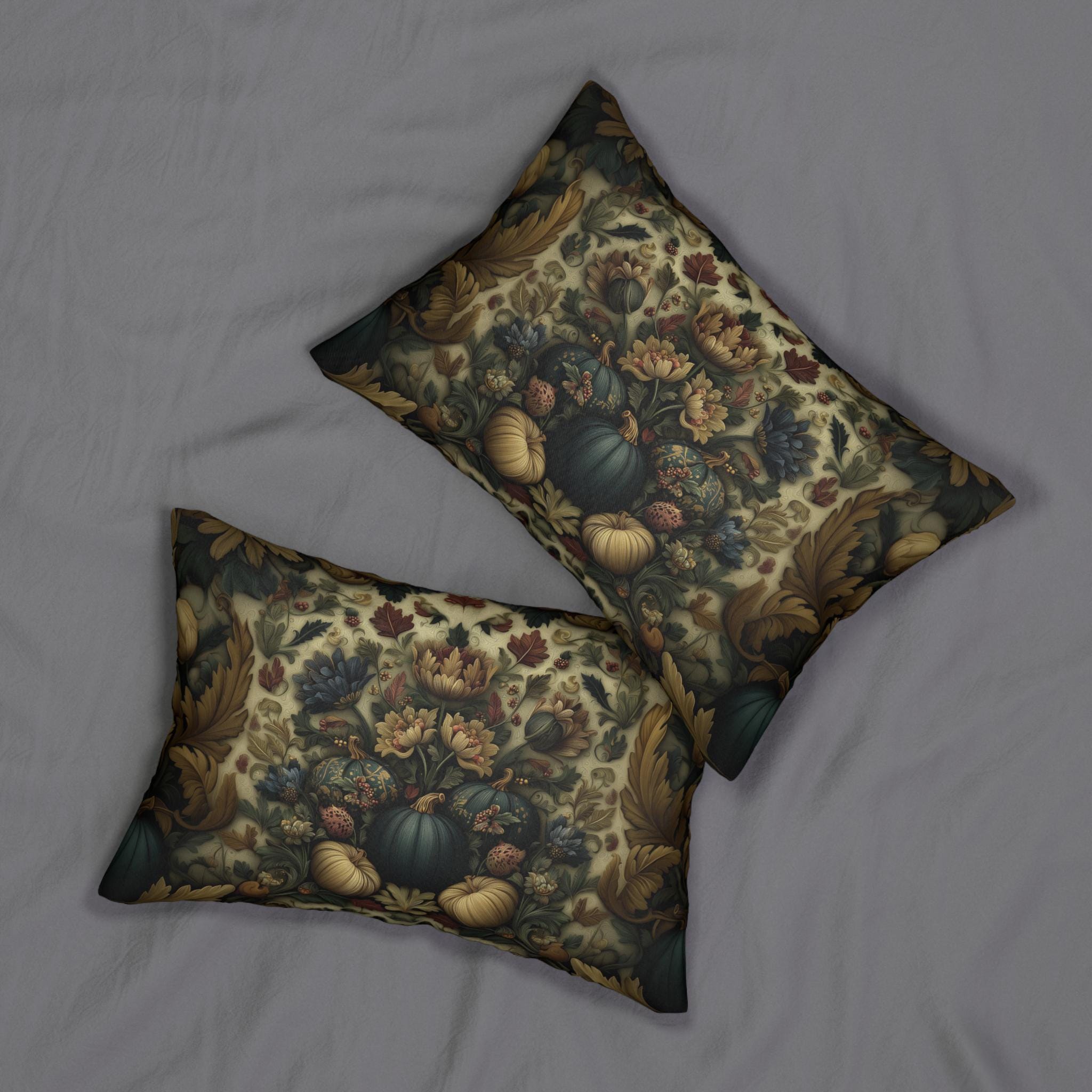 William Morris Inspired Autumn Lumbar Pillow: Blue Gold & Ivory Botanical Harvest Design