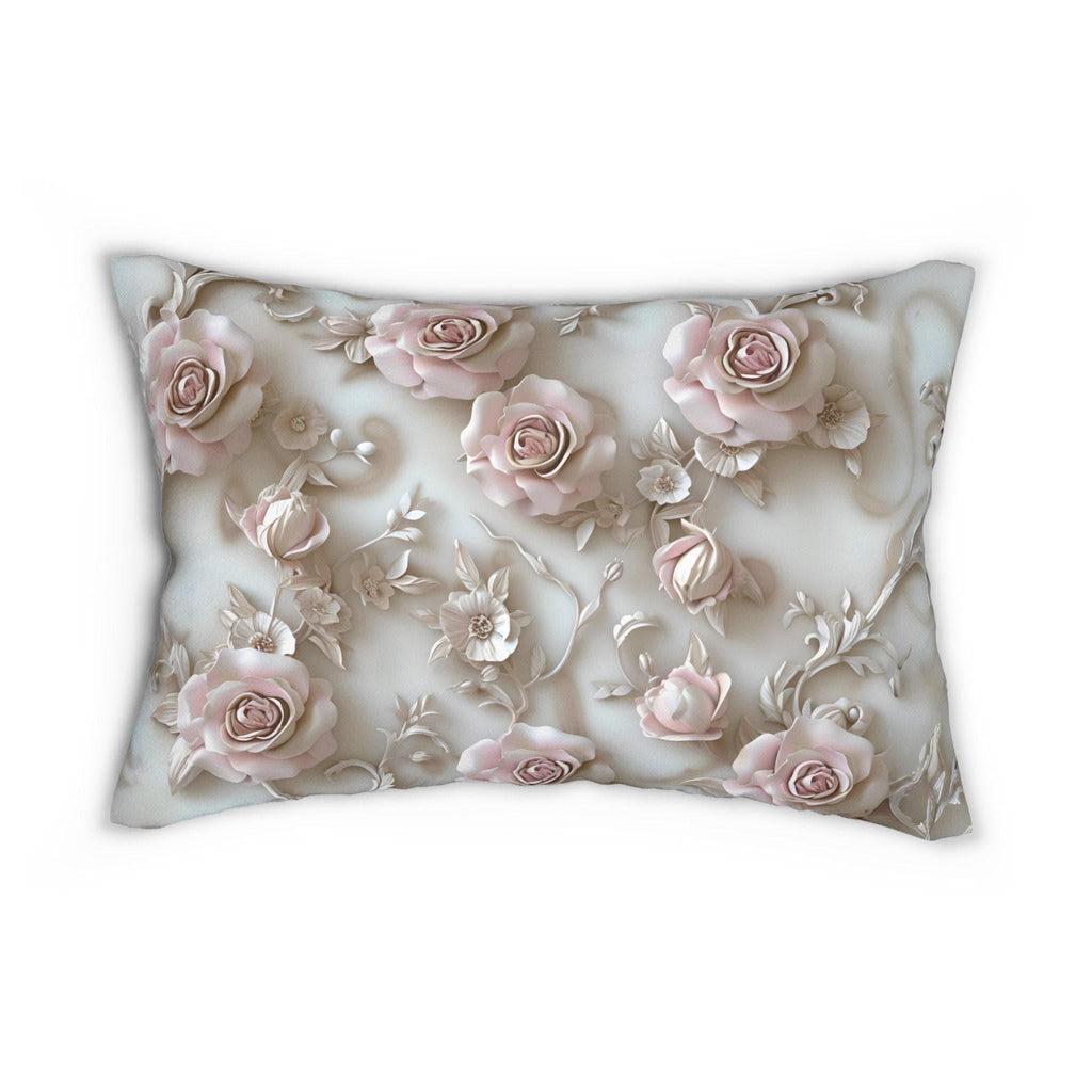 Soft Pink Roses Floral Lumbar Pillow – Romantic Feminine Cushion (20" x 14")