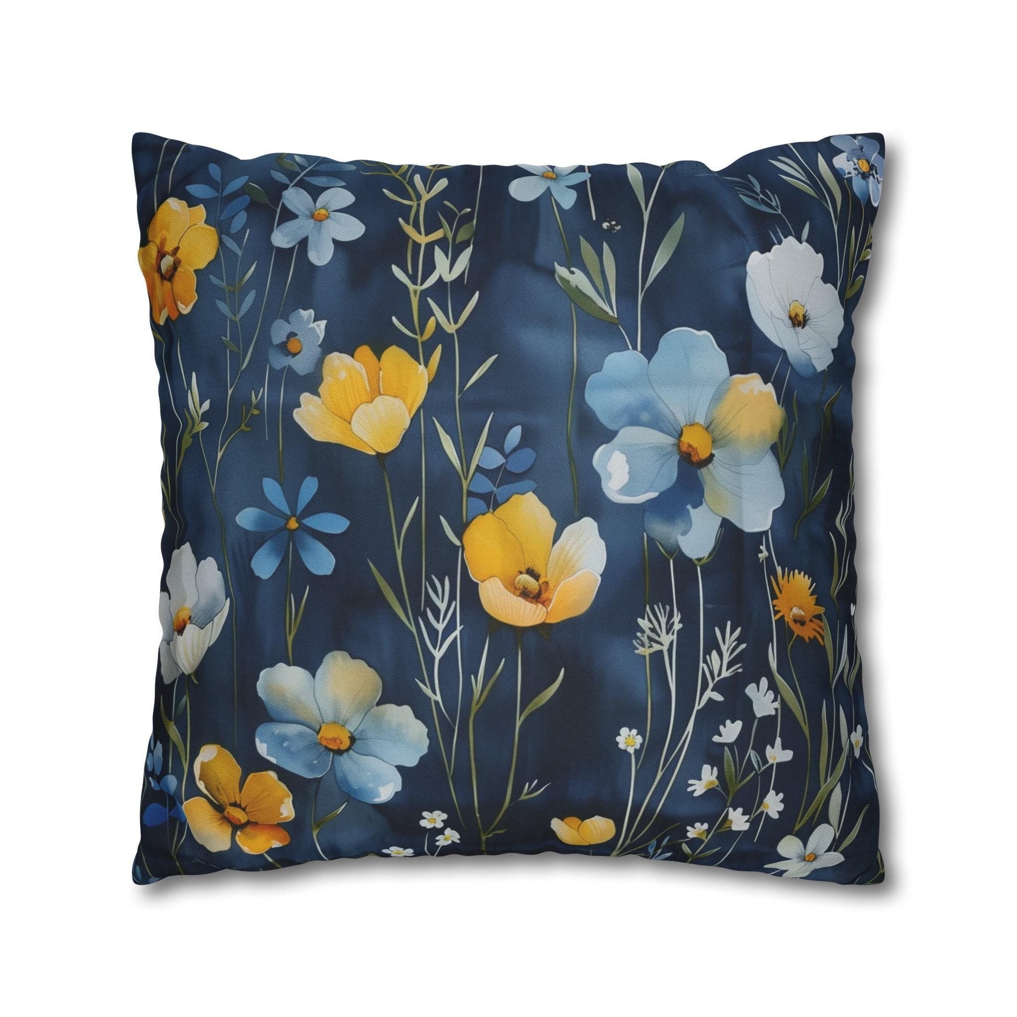 Floral Pillow Cover, Watercolor Style, Elegant Dark Blue, Accent Pillowcase