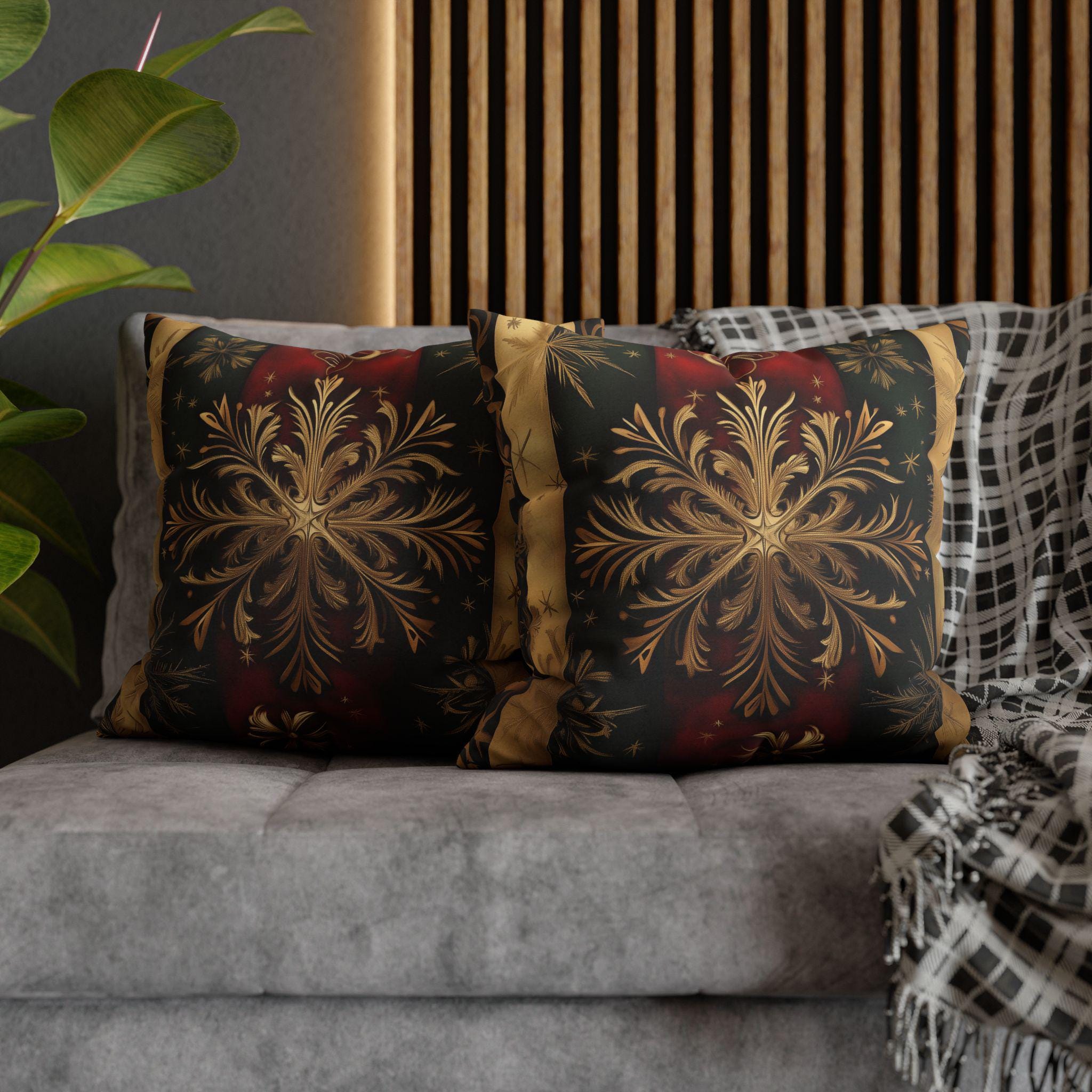 Elegant Holiday Snowflake Pillow Cover: Festive Red, Green & Gold Striped Christmas Decor for Home