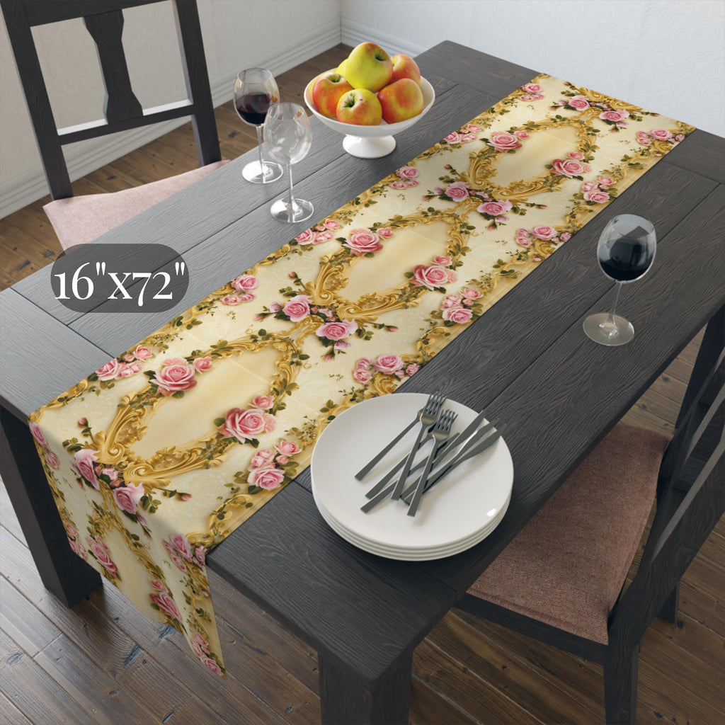 Wedding Table Runner with Pink Roses and Gold Scrollwork: Romantic Victorian Floral