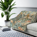 Luxurious William Morris Dragonfly Fleece Throw: Blue & Gold Wings, Pink Flowers, Elegant Nature Design