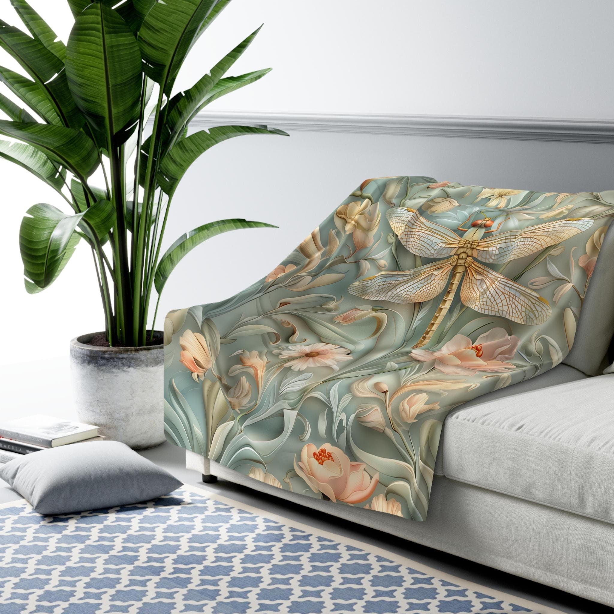 Luxurious William Morris Dragonfly Fleece Throw: Blue & Gold Wings, Pink Flowers, Elegant Nature Design