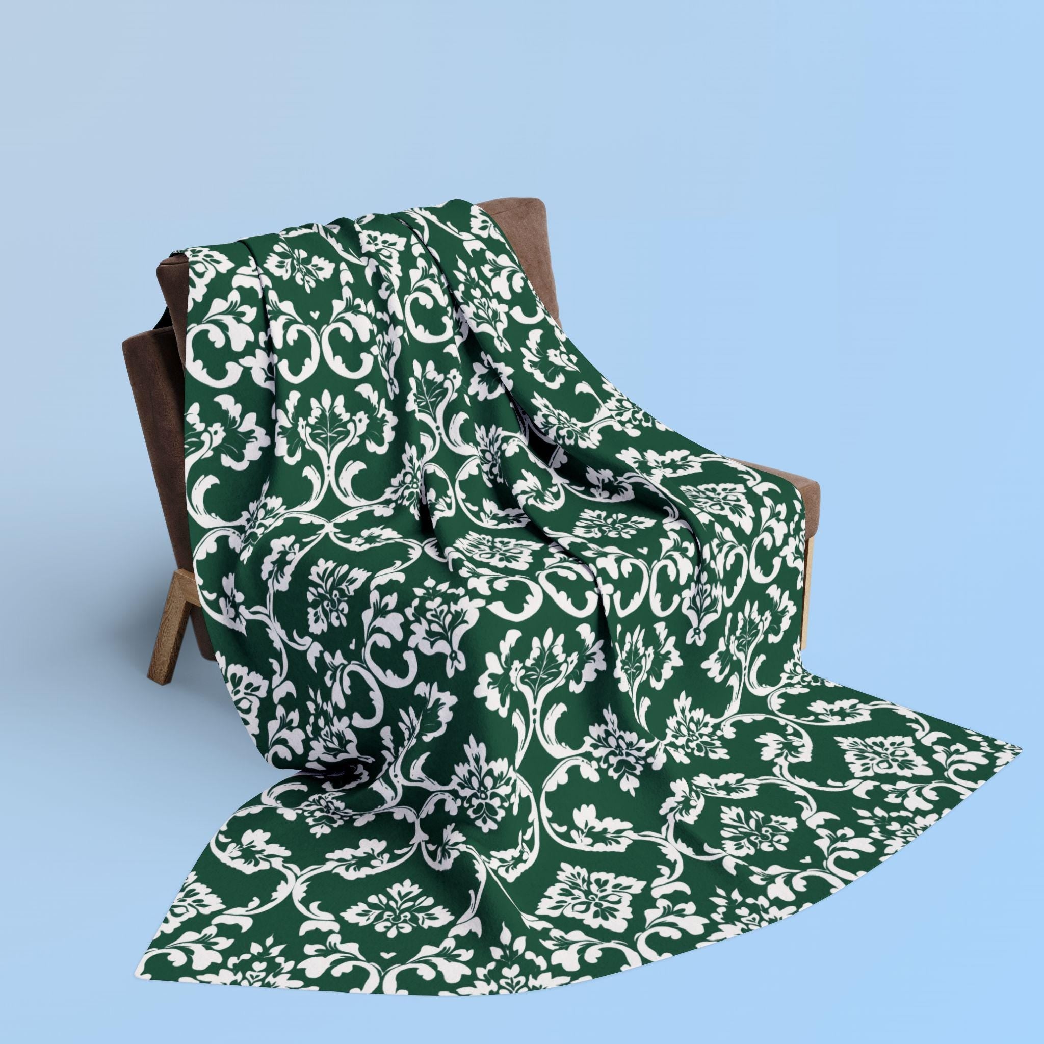 Kelly Green Damask Fleece Blanket: Elegant Floral Throw