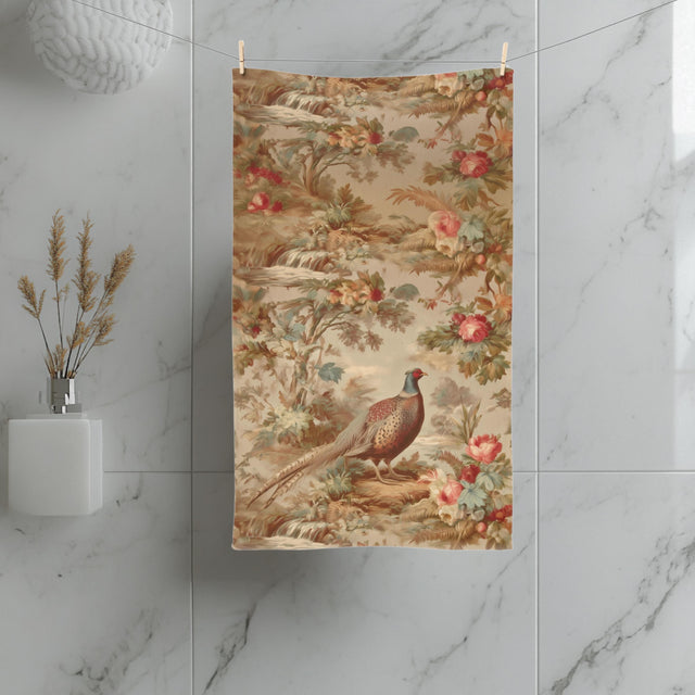 French Country Pheasant Hand Towel: Vintage Style Toile Bird Design for Kitchen or Bath