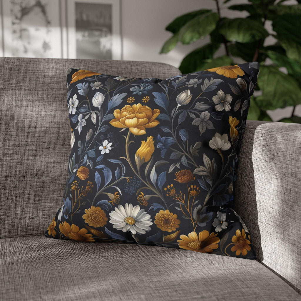 Elegant William Morris Inspired Floral Pillow Cover: Dark Background with Daisies, Tulips & Chrysanthemums