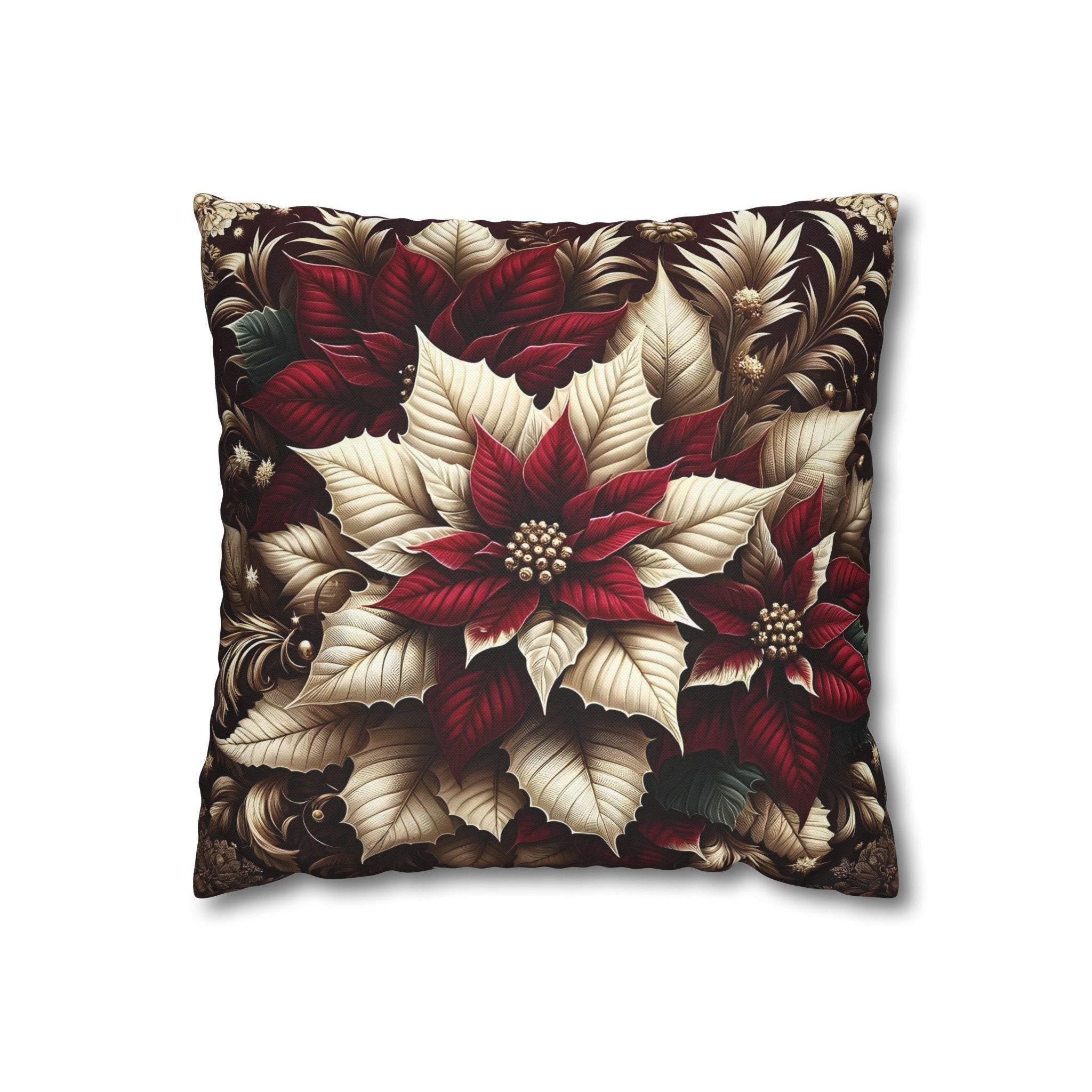 Sophisticated Burgundy & Gold Poinsettia Christmas Pillow Cover | Elegant Holiday Decor