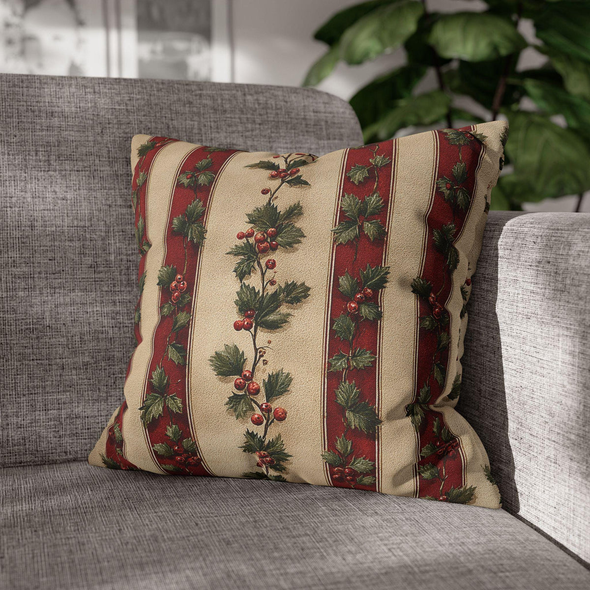Striped Holly Christmas Pillow Cover: Red, Green, Cream Holiday Botanical Winter Decor