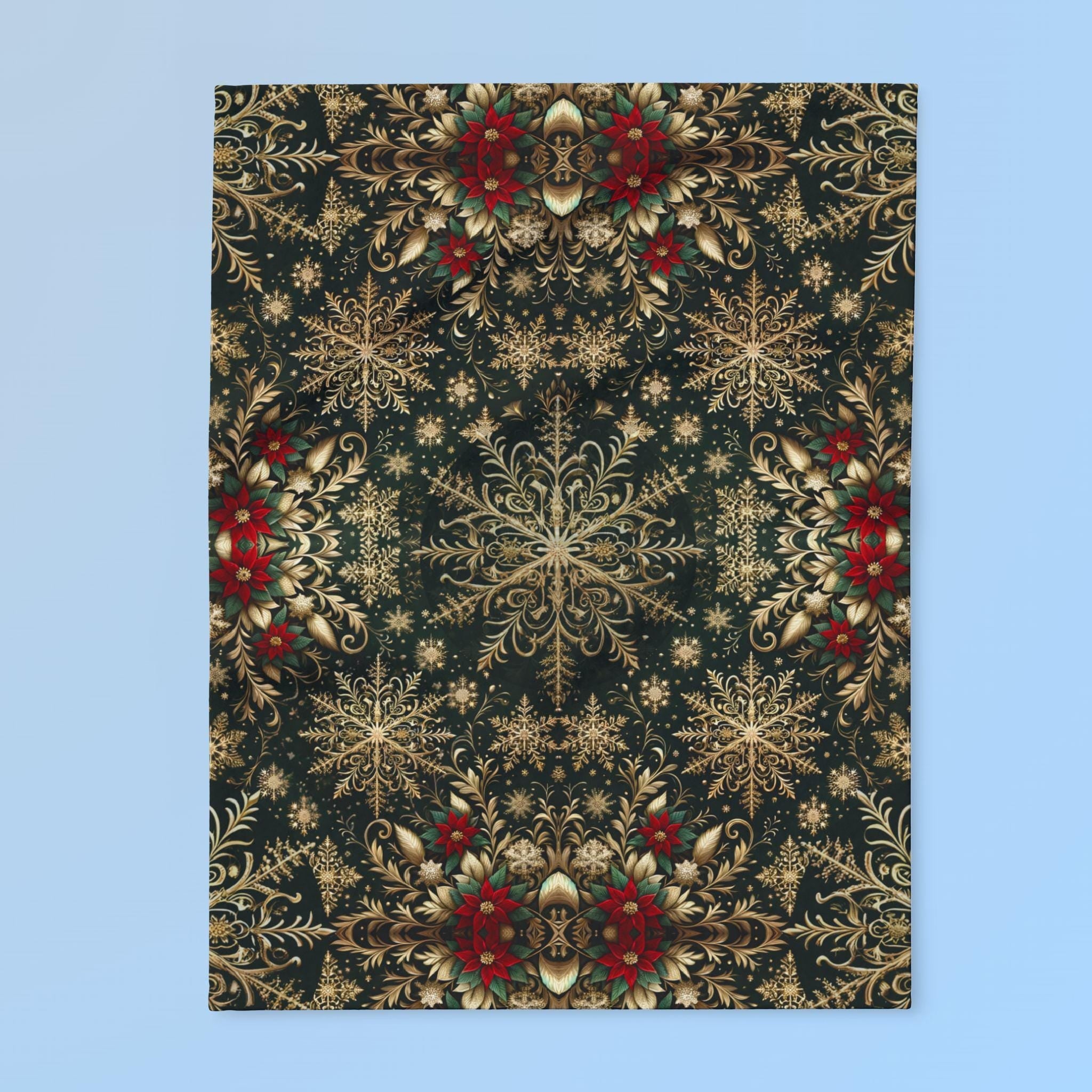 Elegant Golden Snowflake Poinsettia Fleece Blanket: Christmas Decor & Cozy Winter Gift