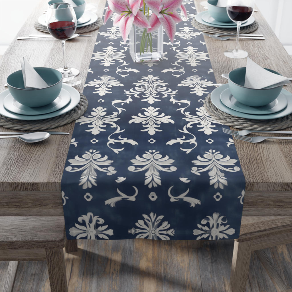 Elegant Navy Blue & White Damask Table Runner for Wedding, Dining Room, and Home Decor