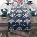 Elegant Navy Blue & White Damask Table Runner for Wedding, Dining Room, and Home Decor