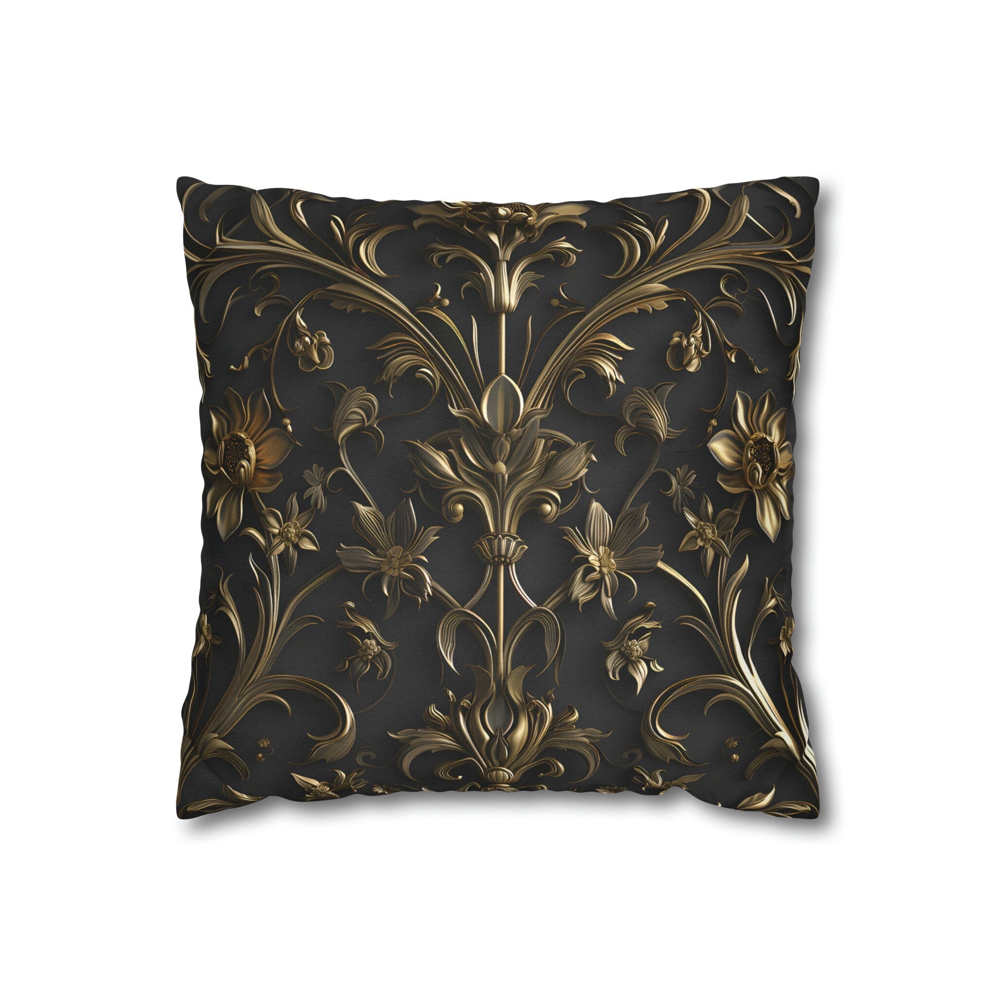 Luxurious Italian Baroque Pillow Cover: Golden Floral on Charcoal for Elegant Home Decor