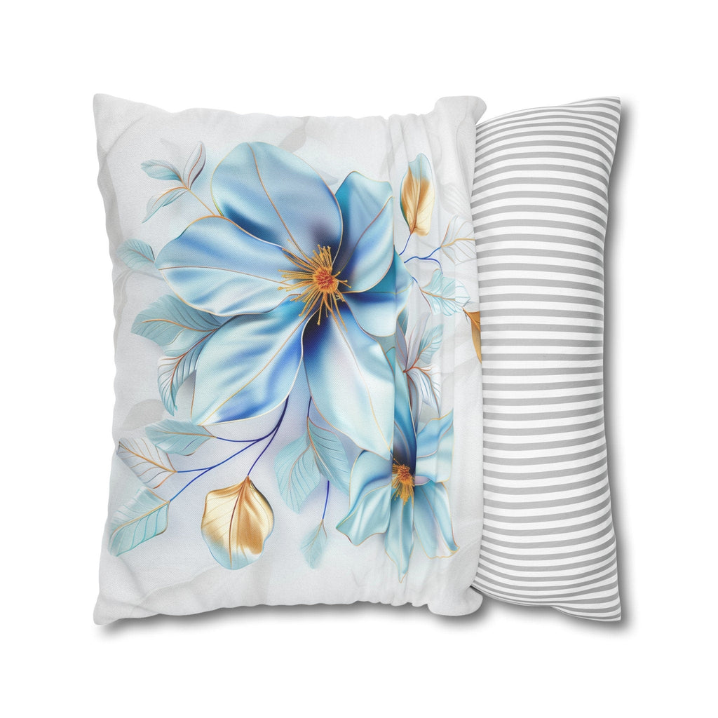 Blue Magnolia Pillow Cover with Golden Accents: Elegant Floral Cushion Case