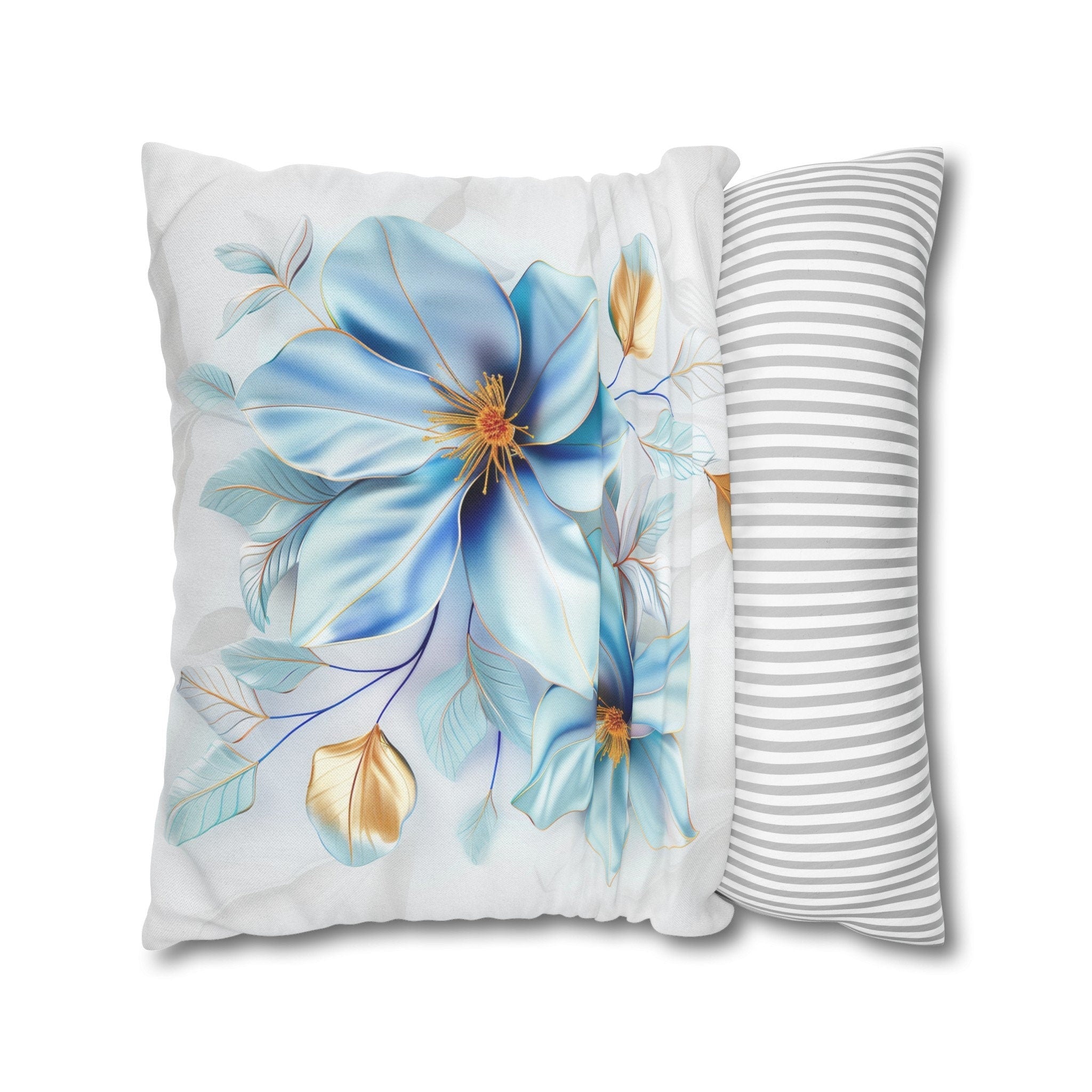 Blue Magnolia Pillow Cover with Golden Accents: Elegant Floral Cushion Case