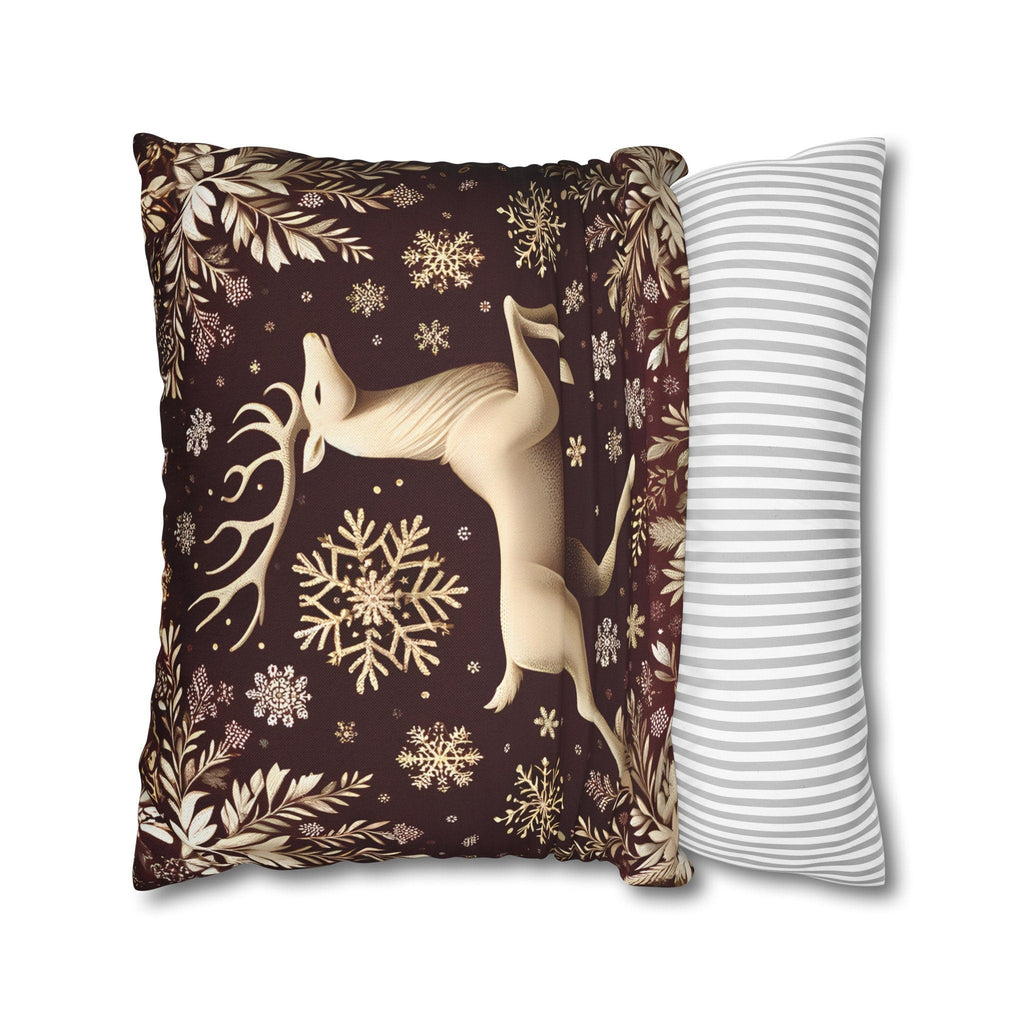 Regal Golden Reindeer Throw Pillow Cover: Burgundy & Gold Christmas Elegance