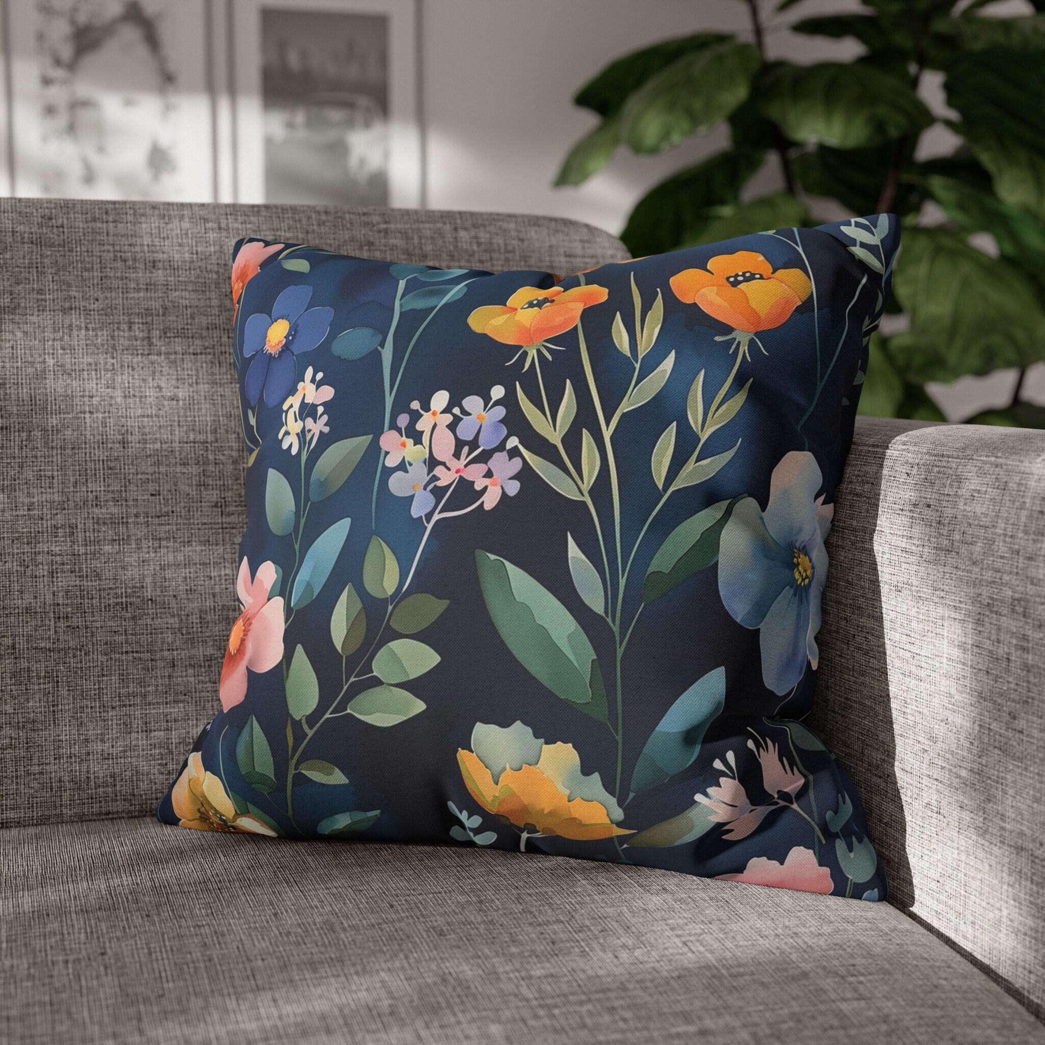 Botanical Pillow Cover: Navy Floral Cushion, Cottagecore Decor