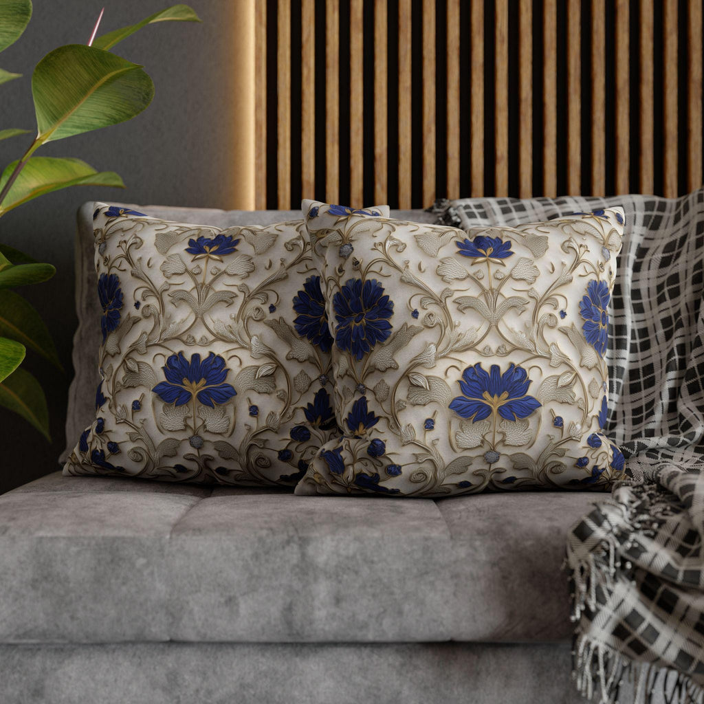 Elegant Cobalt and Gold Baroque Pillow Cover: Blue and Cream Decorative Accent Cushion