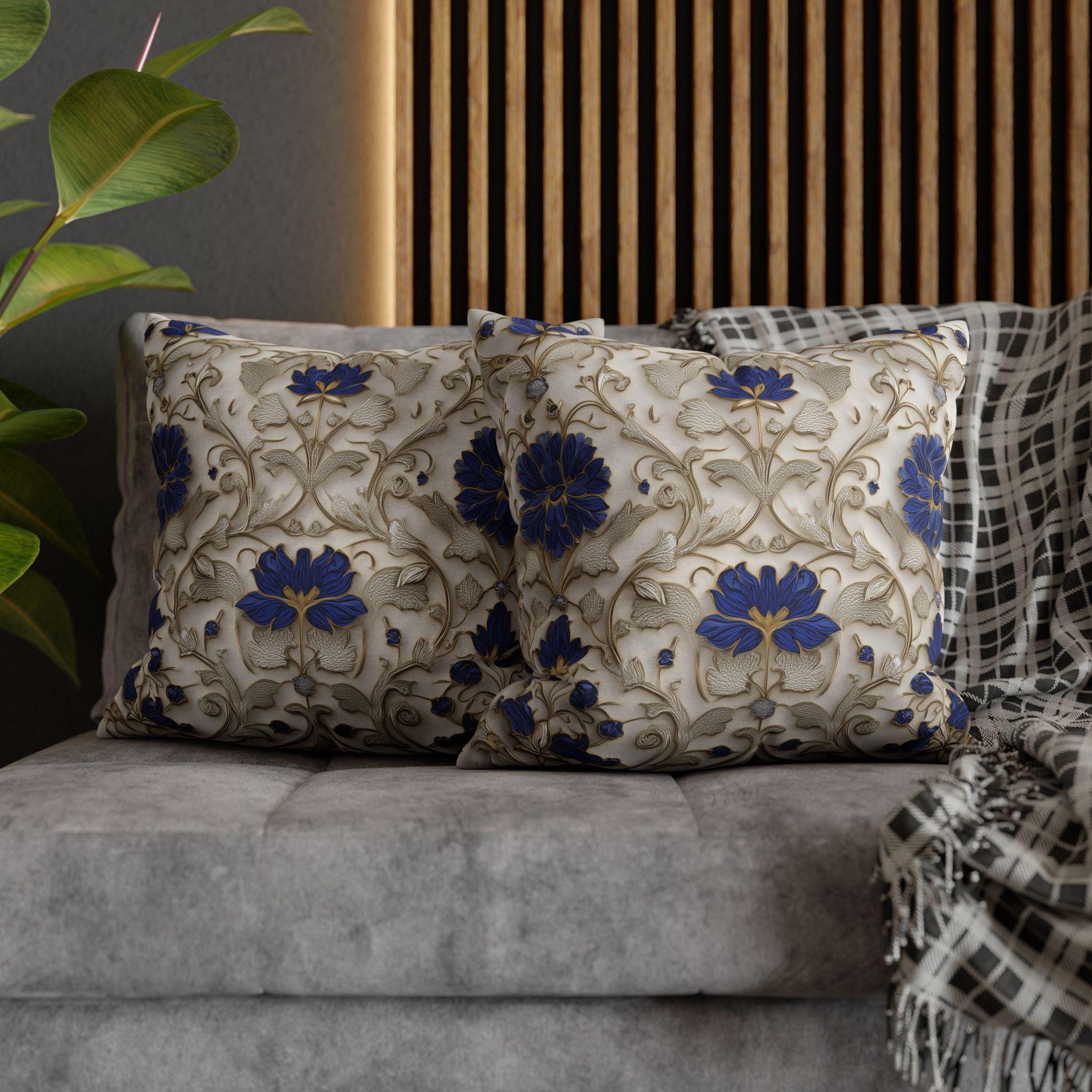 Elegant Cobalt and Gold Baroque Pillow Cover: Blue and Cream Decorative Accent Cushion