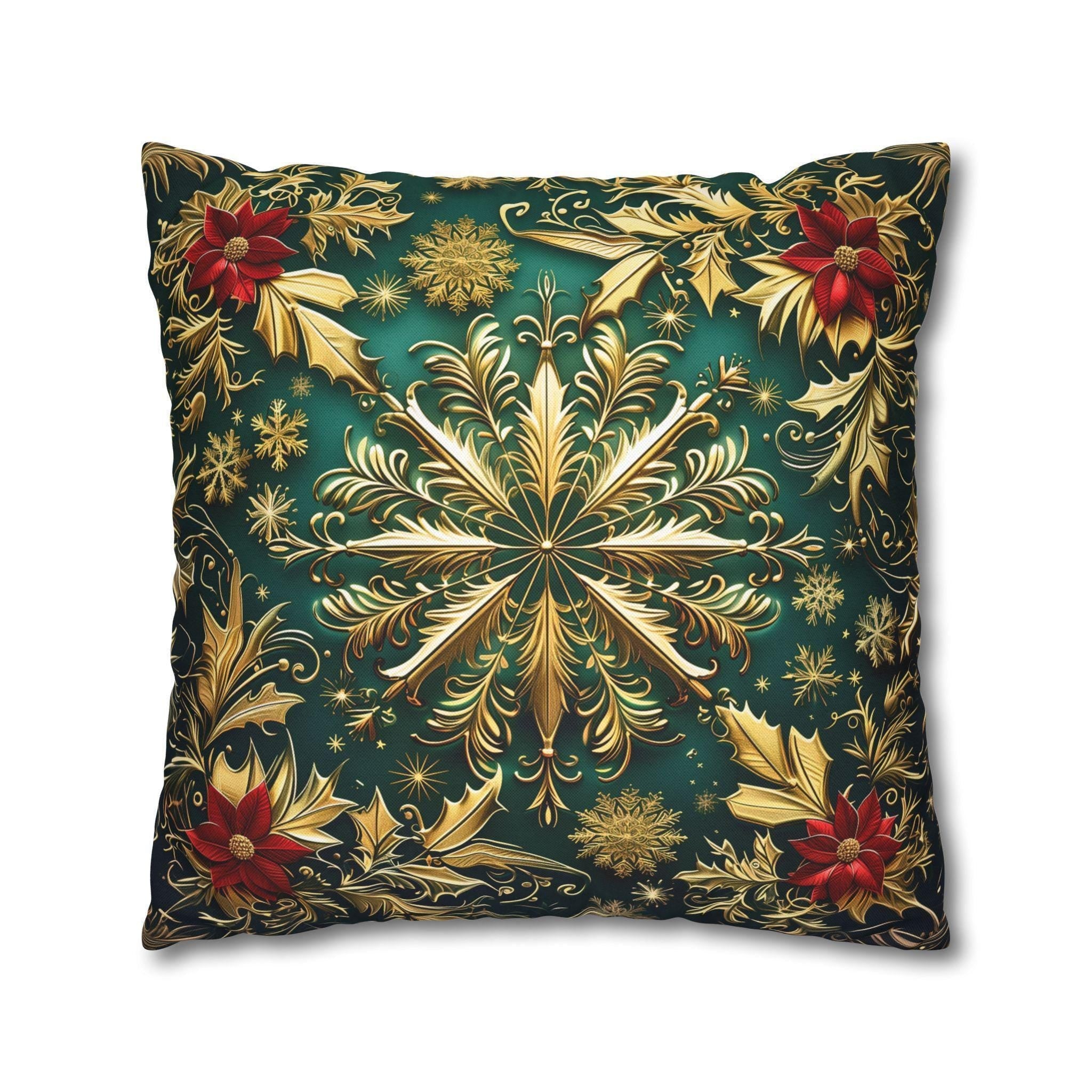 Christmas Snowflake Pillow Cover, Elegant Emerald Green and Gold Design, Luxury Cushion Cover