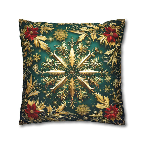 Christmas Snowflake Pillow Cover, Elegant Emerald Green and Gold Design, Luxury Cushion Cover