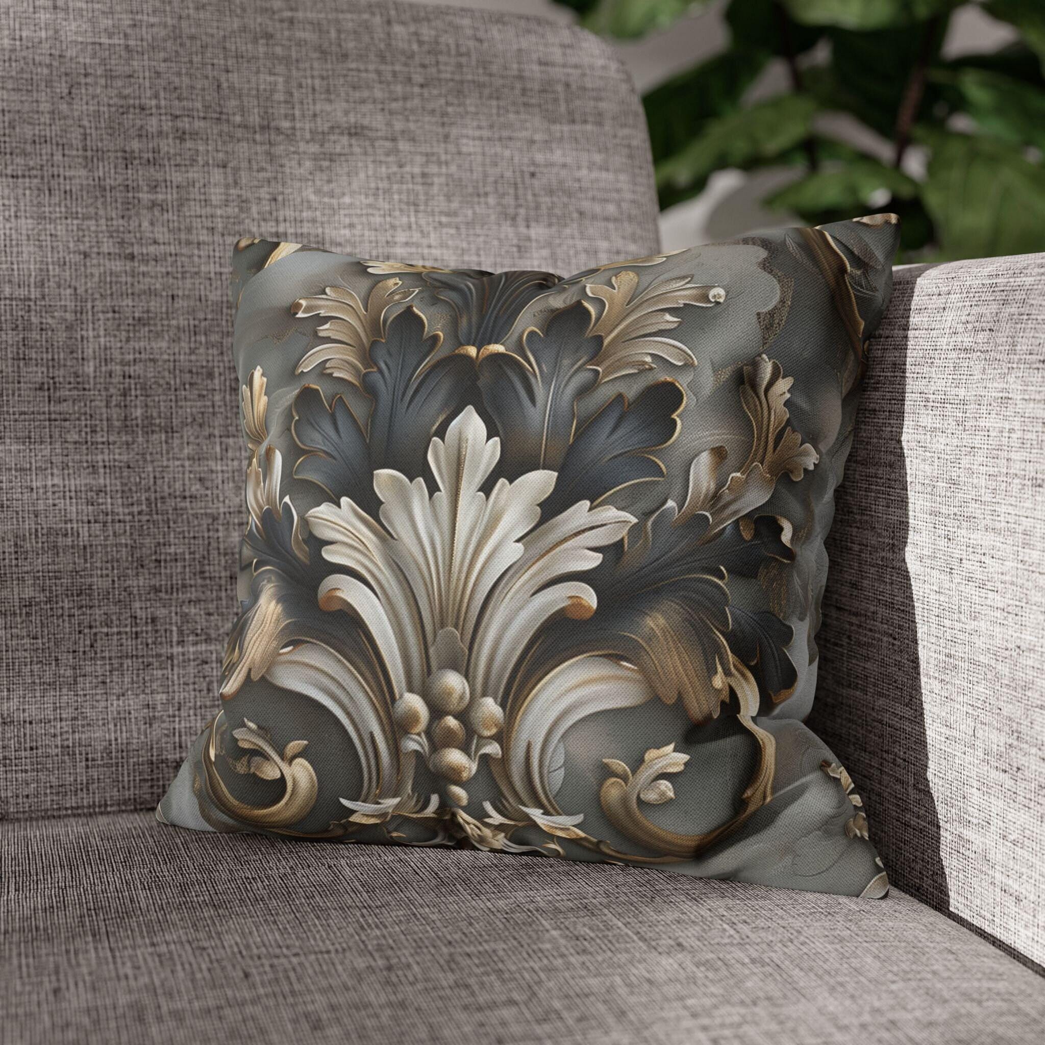Baroque Pillow Cover: Ornate Gray, Gold, and Black Floral Design