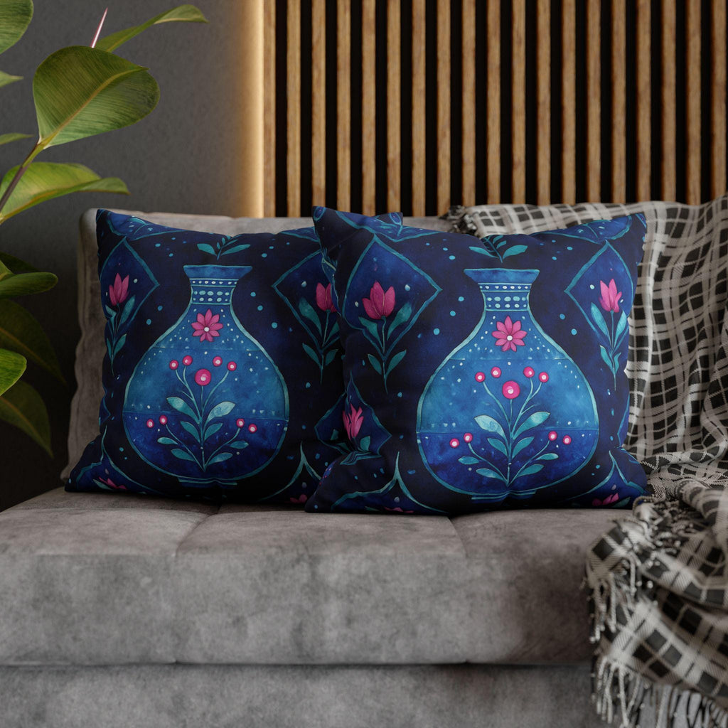 Folk Art Pillow Cover: Blue Vase, Pink Floral Watercolor Design