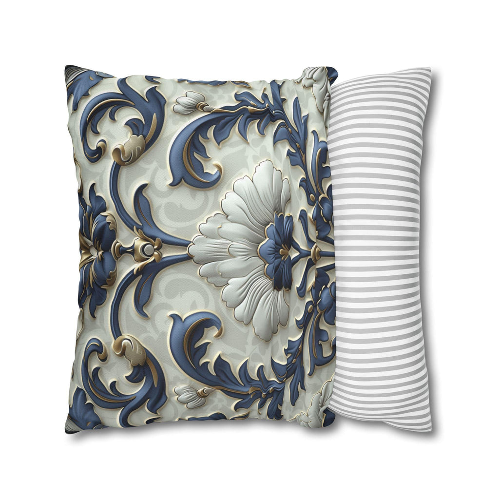 French Country Floral Pillow Cover, Blue White Gold Vintage Design
