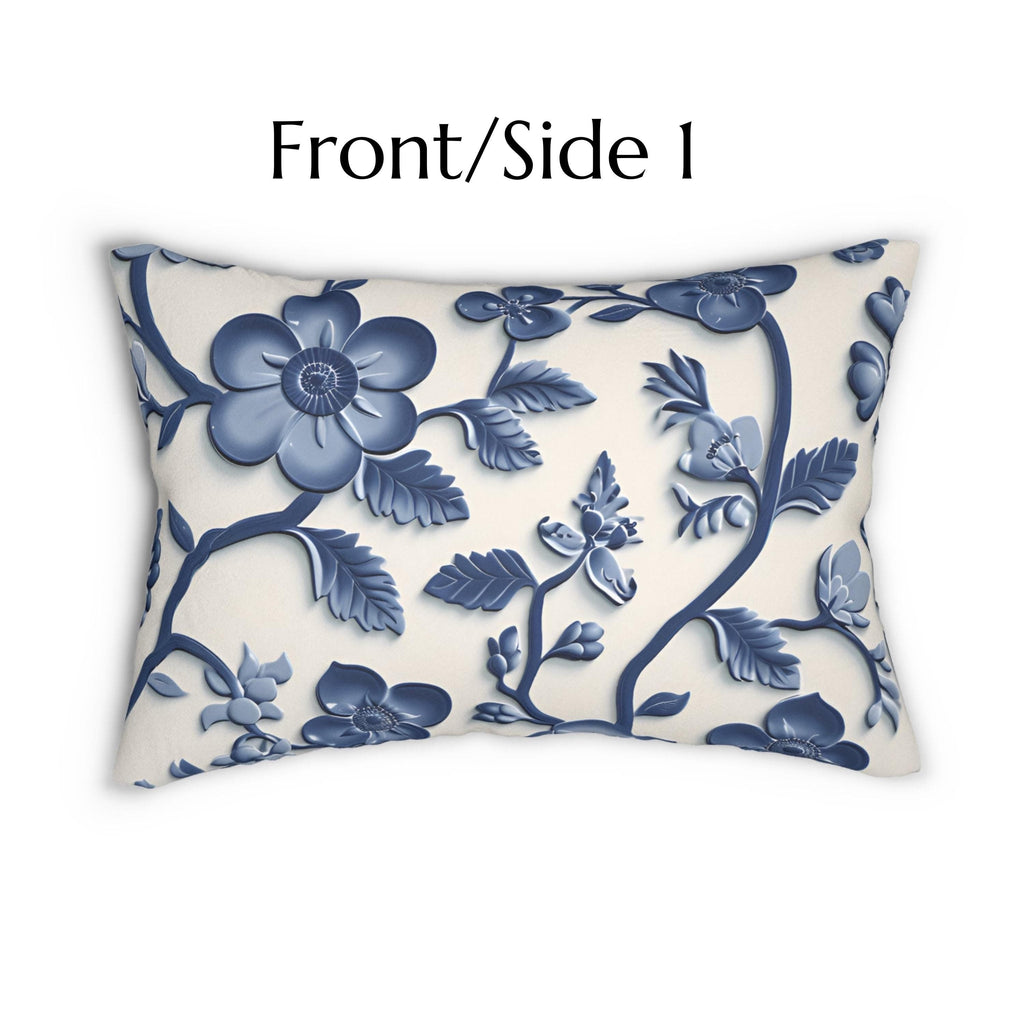 Chinoiserie Blue White Floral Lumbar Pillow | Elegant Pottery Pattern Accent Cushion