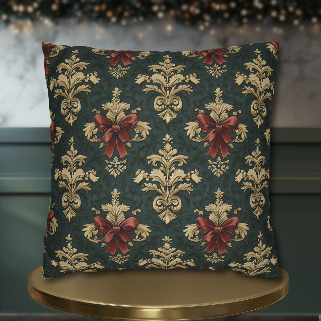 Baroque Damask Christmas Pillow Cover: Evergreen Gold and Simulated Red Bow Holiday Accent
